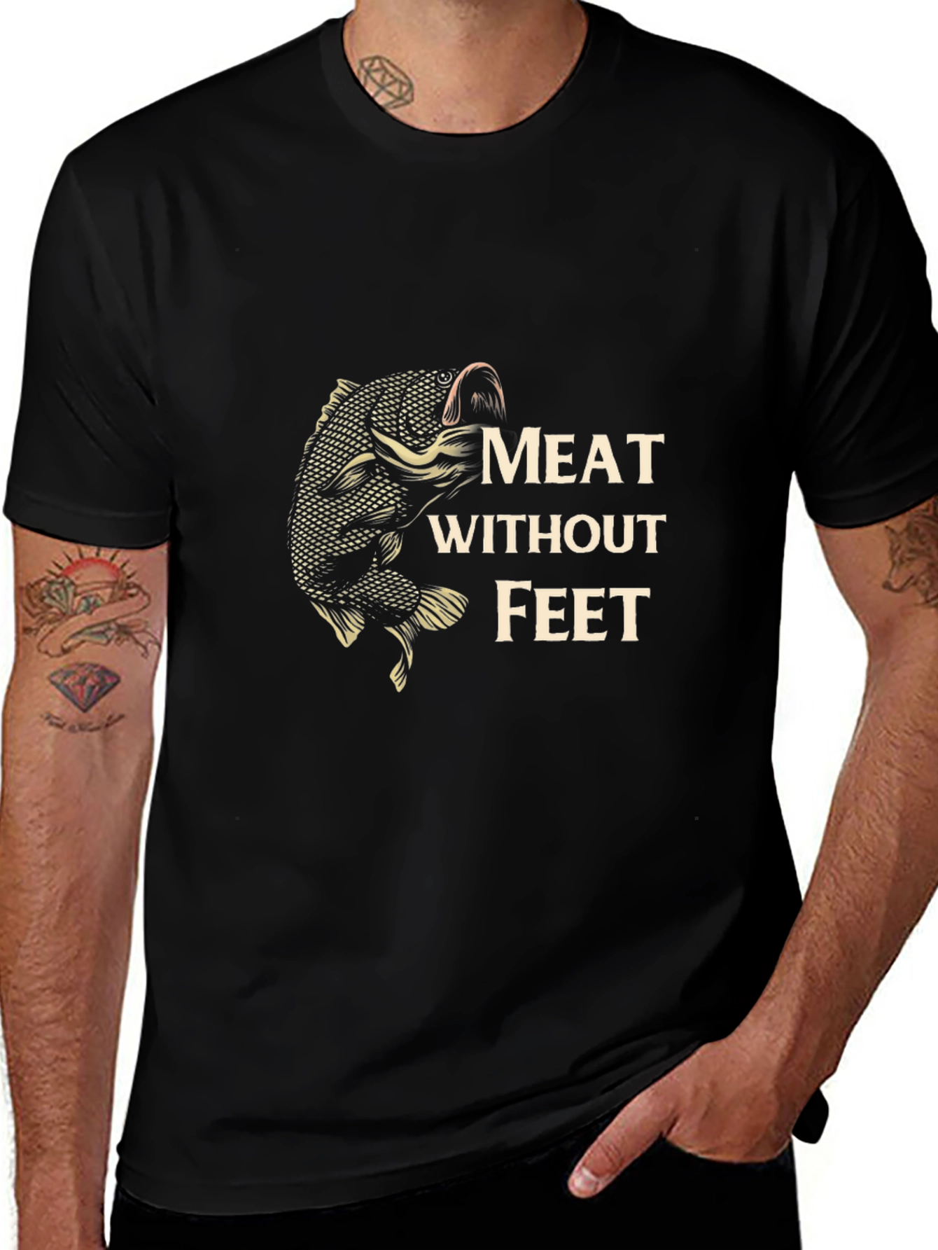 Meat Without Feet Black T-Shirt - Fishing Humor