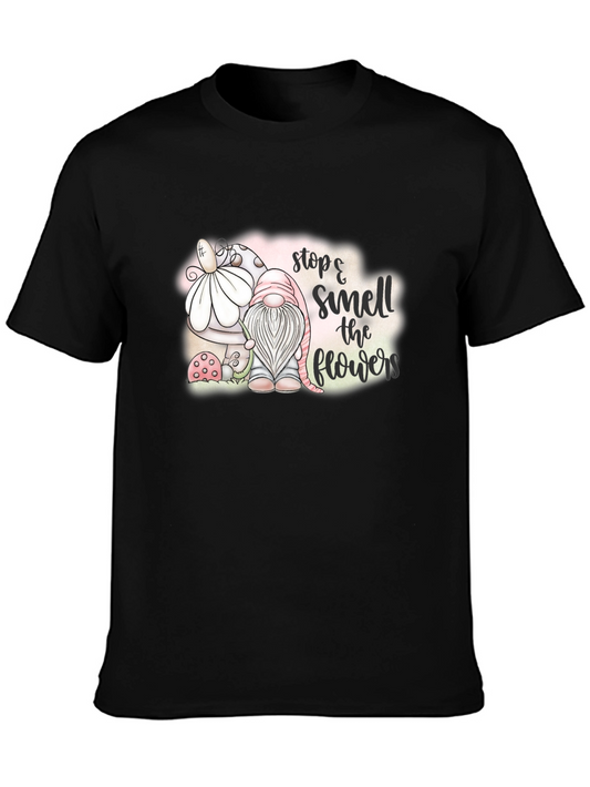Stop & Smell the Flowers T-Shirt - Cute Gnome Design
