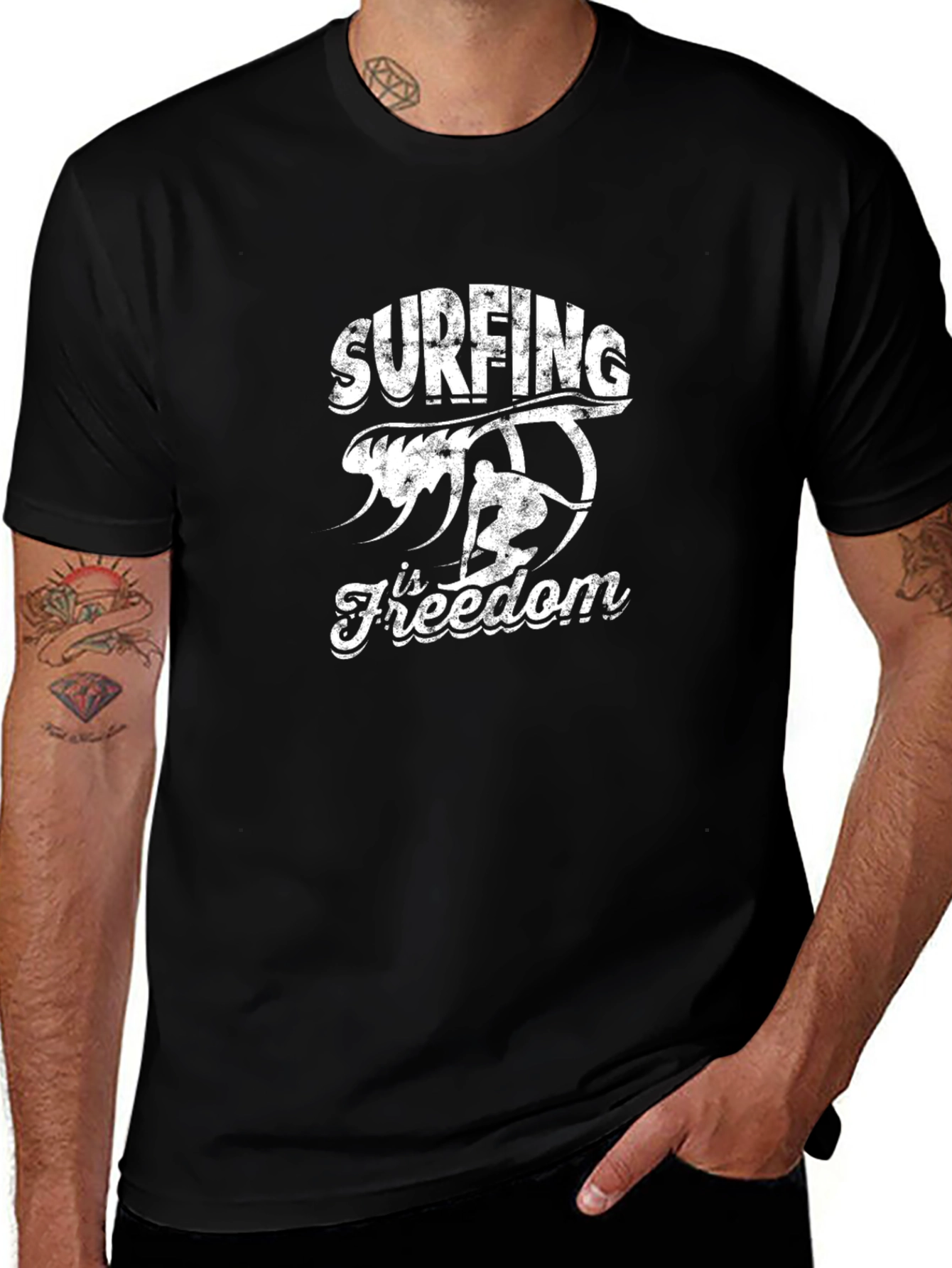 Surfing is Freedom Mens Black Graphic Tee