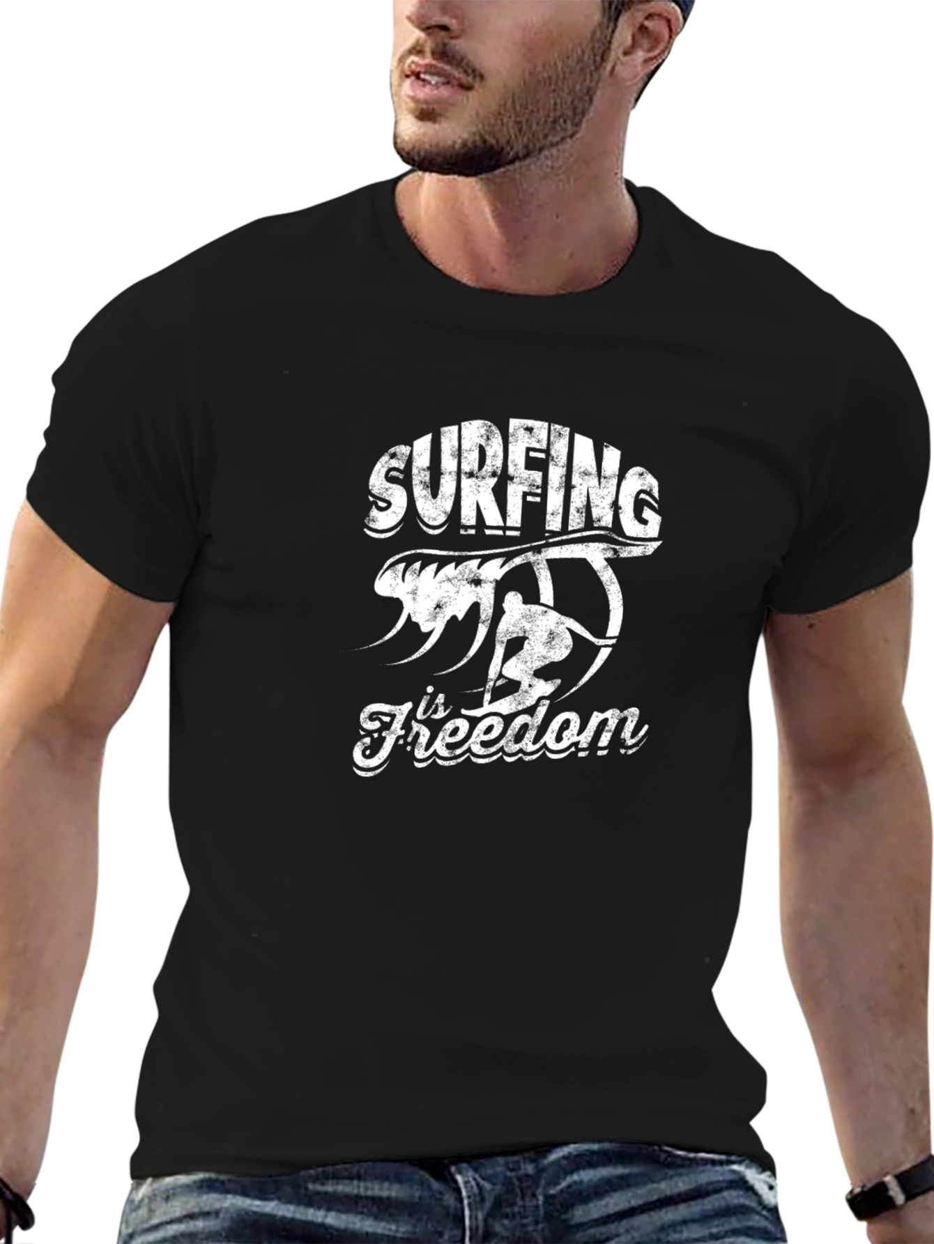 Surfing is Freedom Mens Black Graphic Tee