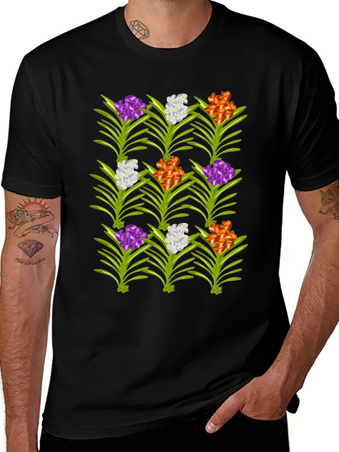 Floral Pattern Mens Black T-Shirt