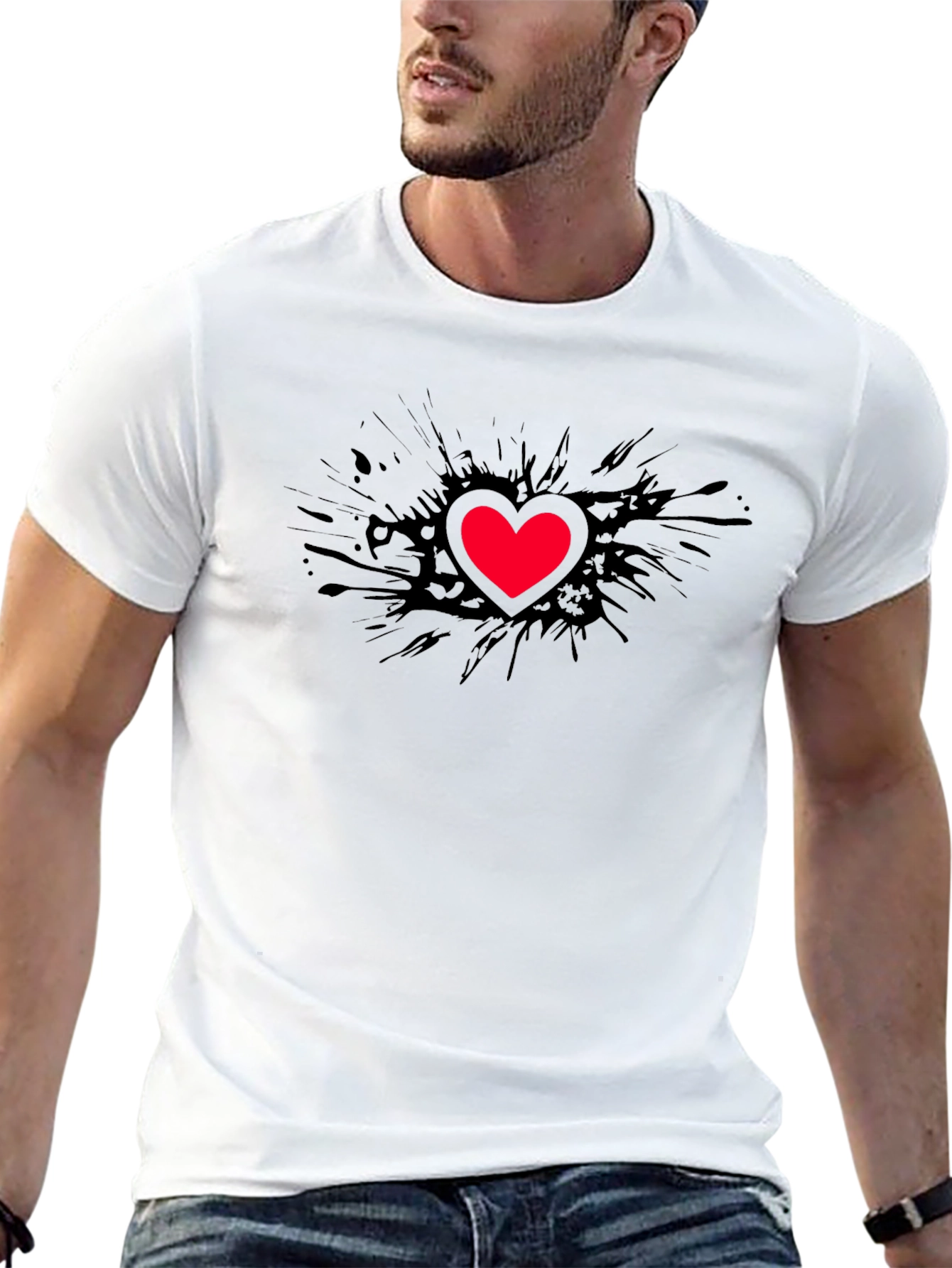 Black T-Shirt with Red Heart Graphic