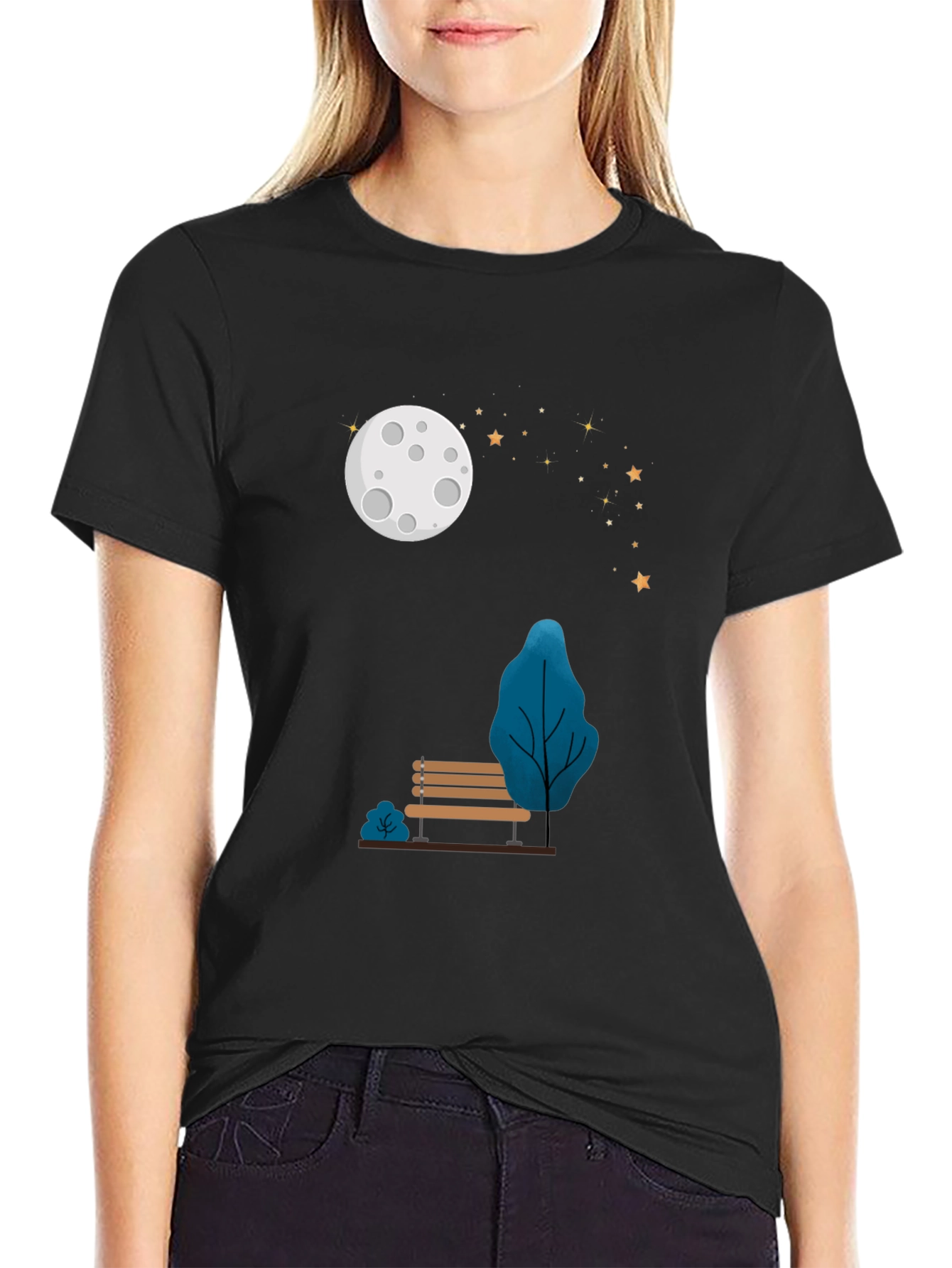 Moonlit Park Bench Graphic Tee - Black T-Shirt