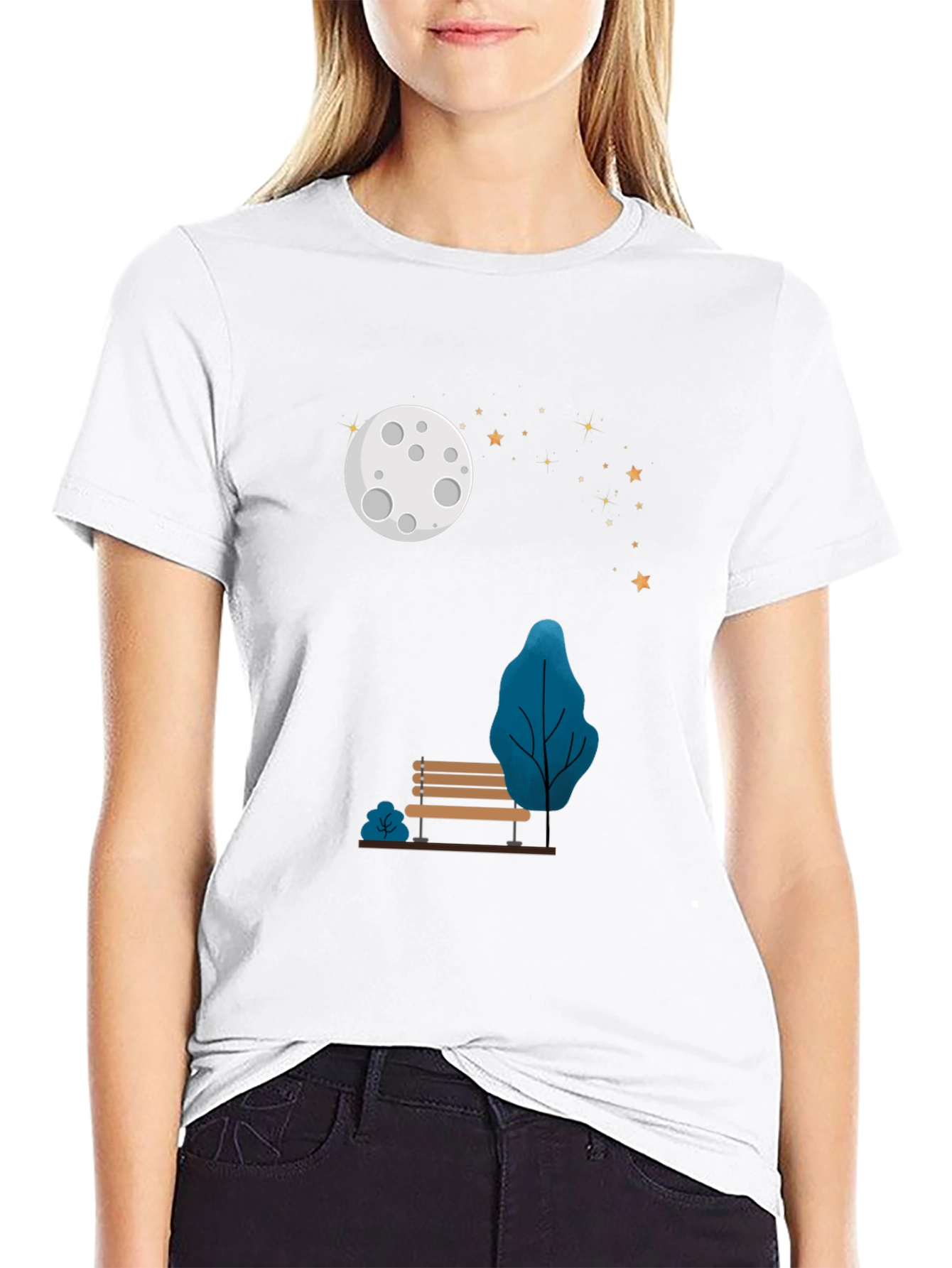 Moonlit Park Bench Graphic Tee - Black T-Shirt