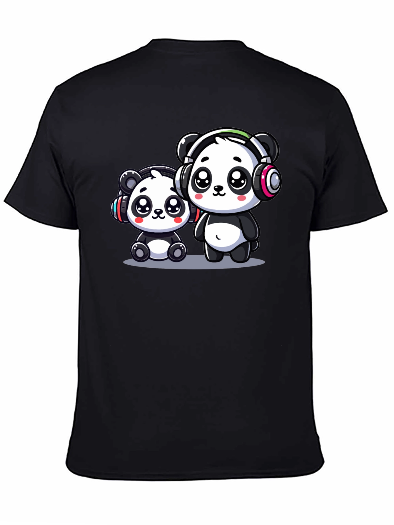 Cute Panda Headphones Black T-Shirt