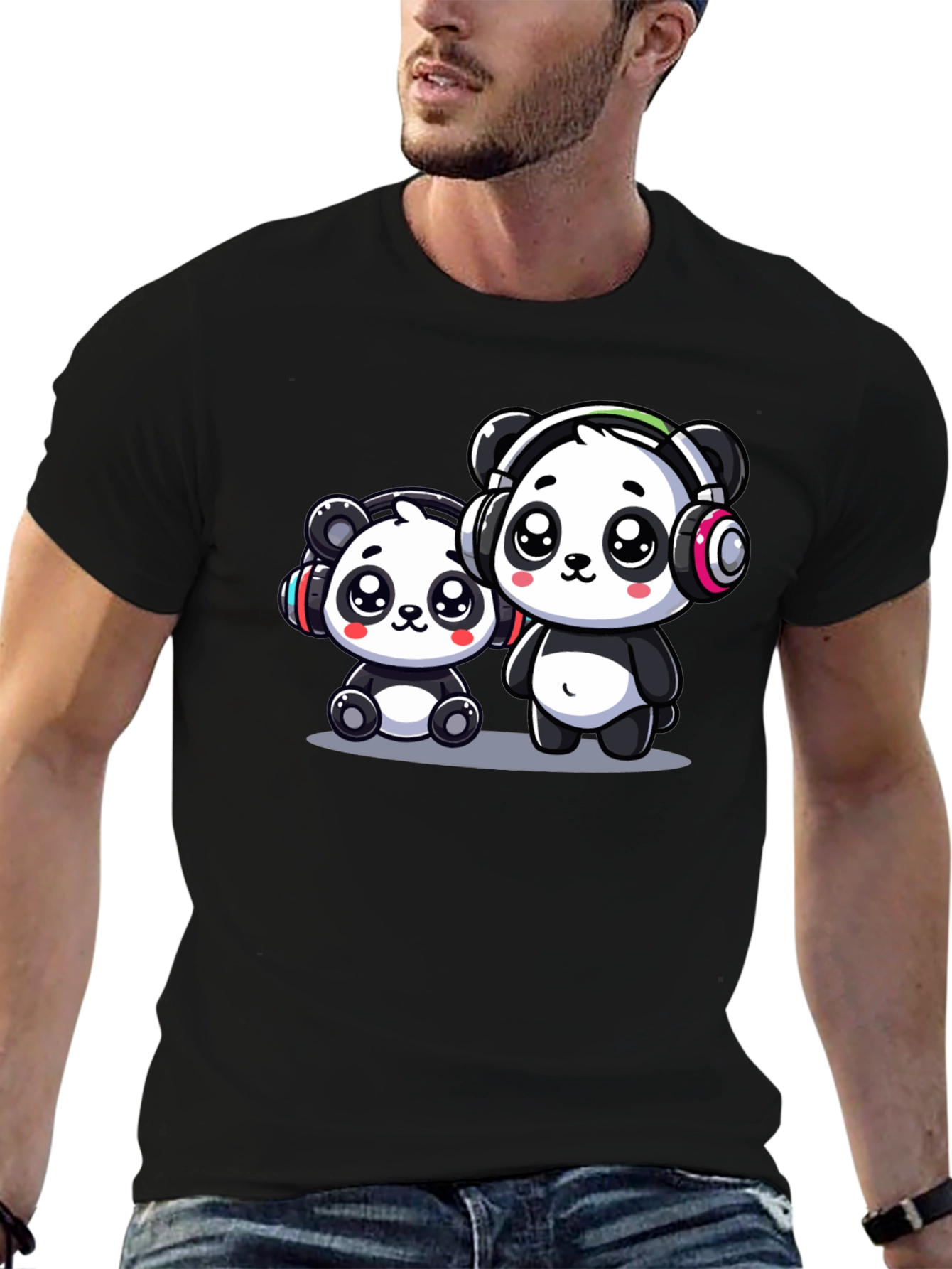 Cute Panda Headphones Black T-Shirt