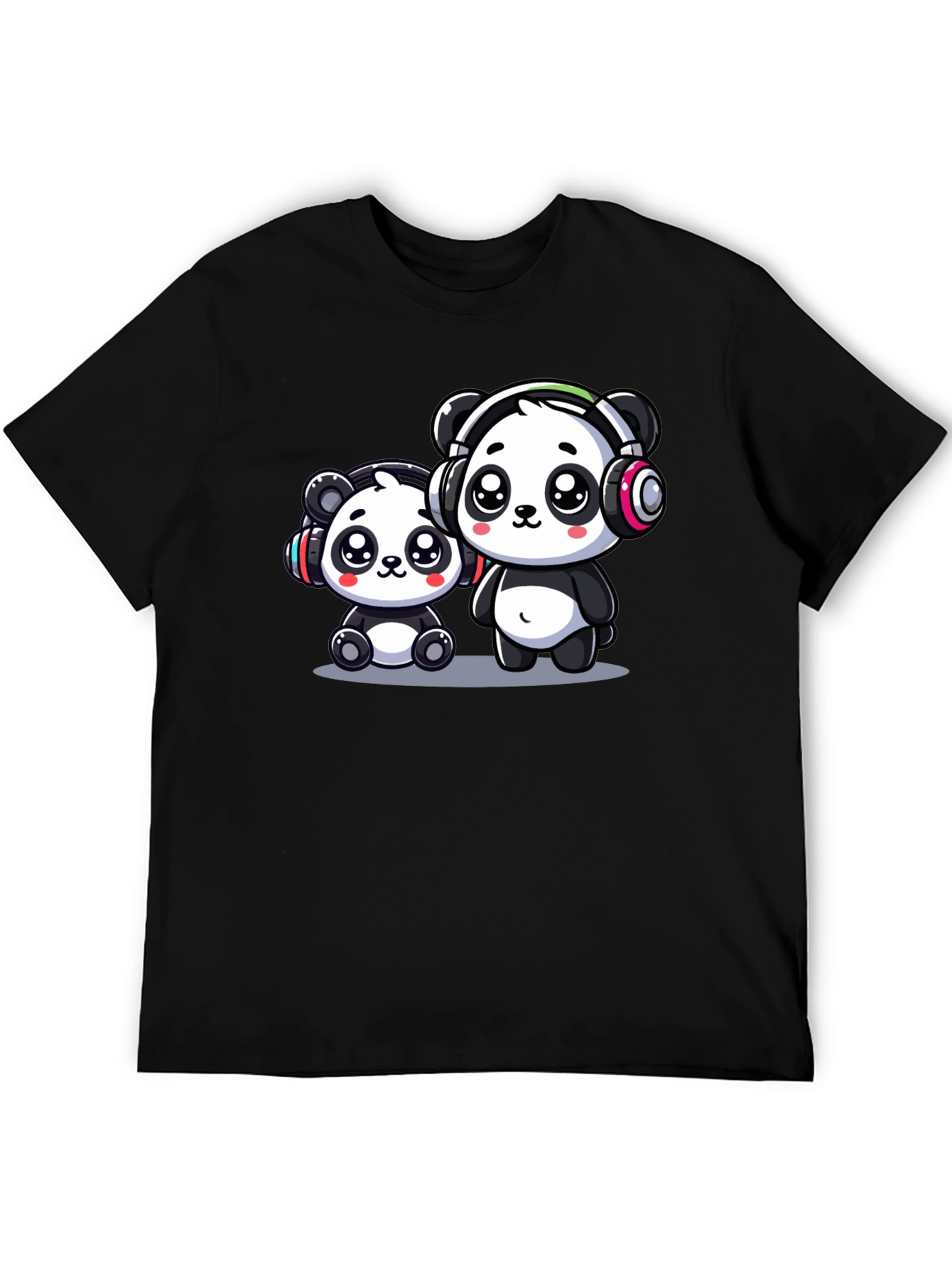 Cute Panda Headphones Black T-Shirt