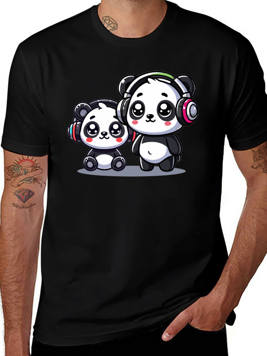 Cute Panda Headphones Black T-Shirt