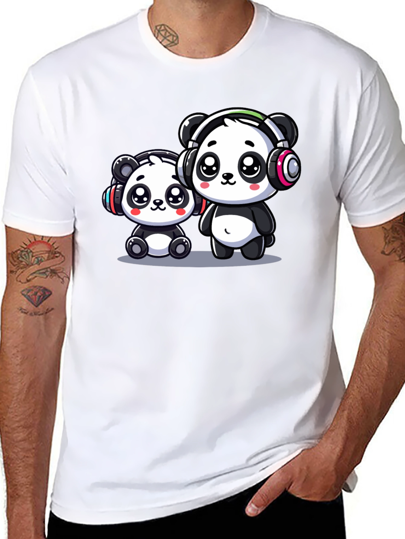 Cute Panda Headphones Black T-Shirt