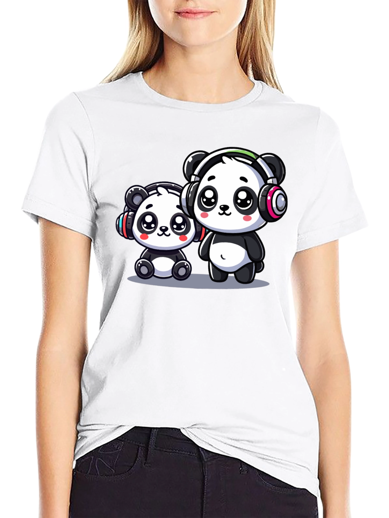 Cute Panda Headphones Black T-Shirt