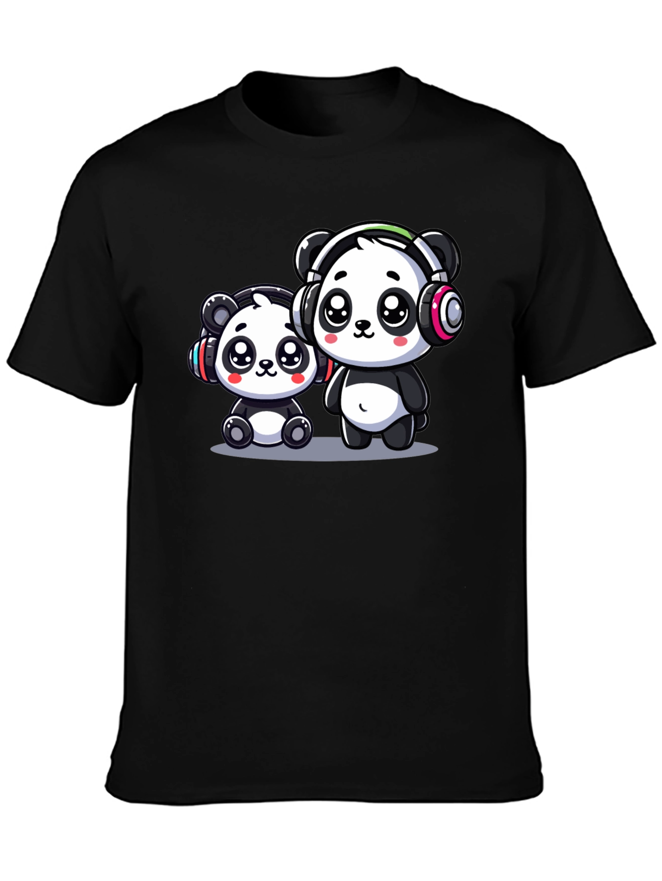Cute Panda Headphones Black T-Shirt