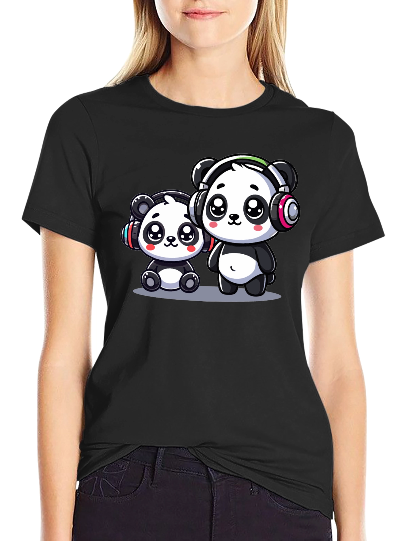 Cute Panda Headphones Black T-Shirt