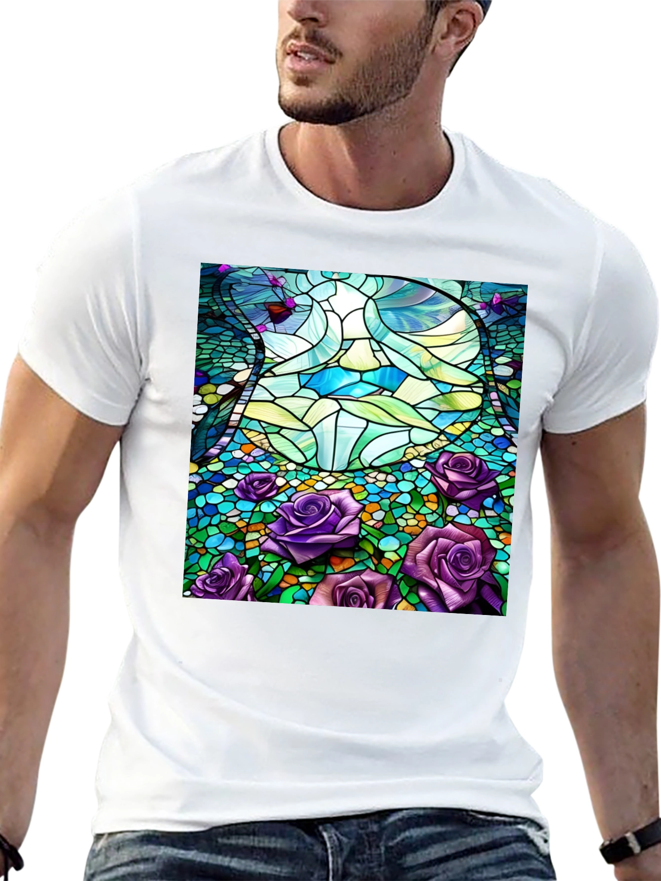 Stained Glass Roses Graphic Tee - Modern Art Shirt