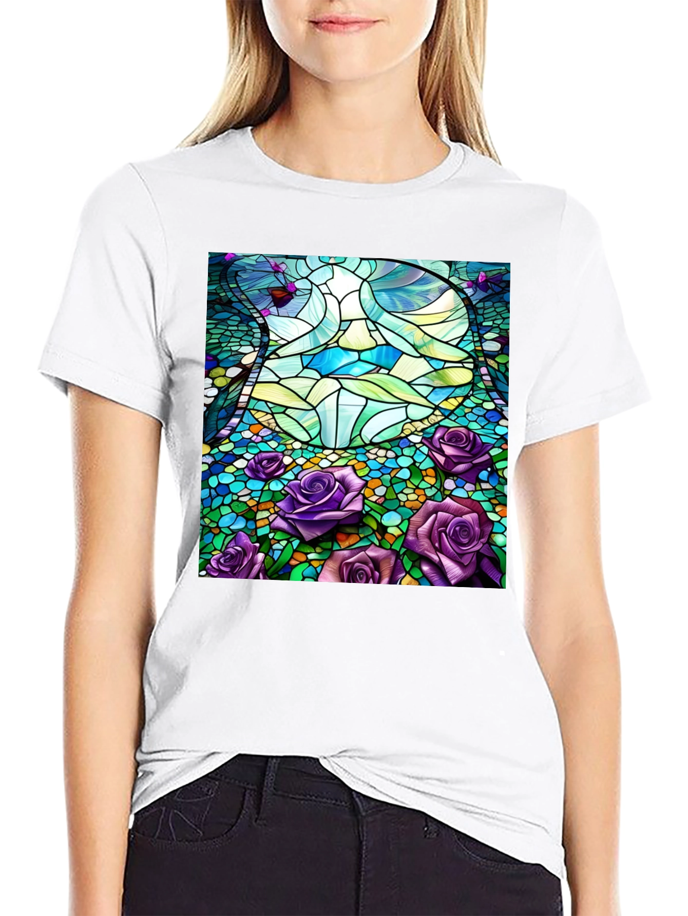 Stained Glass Roses Graphic Tee - Modern Art Shirt