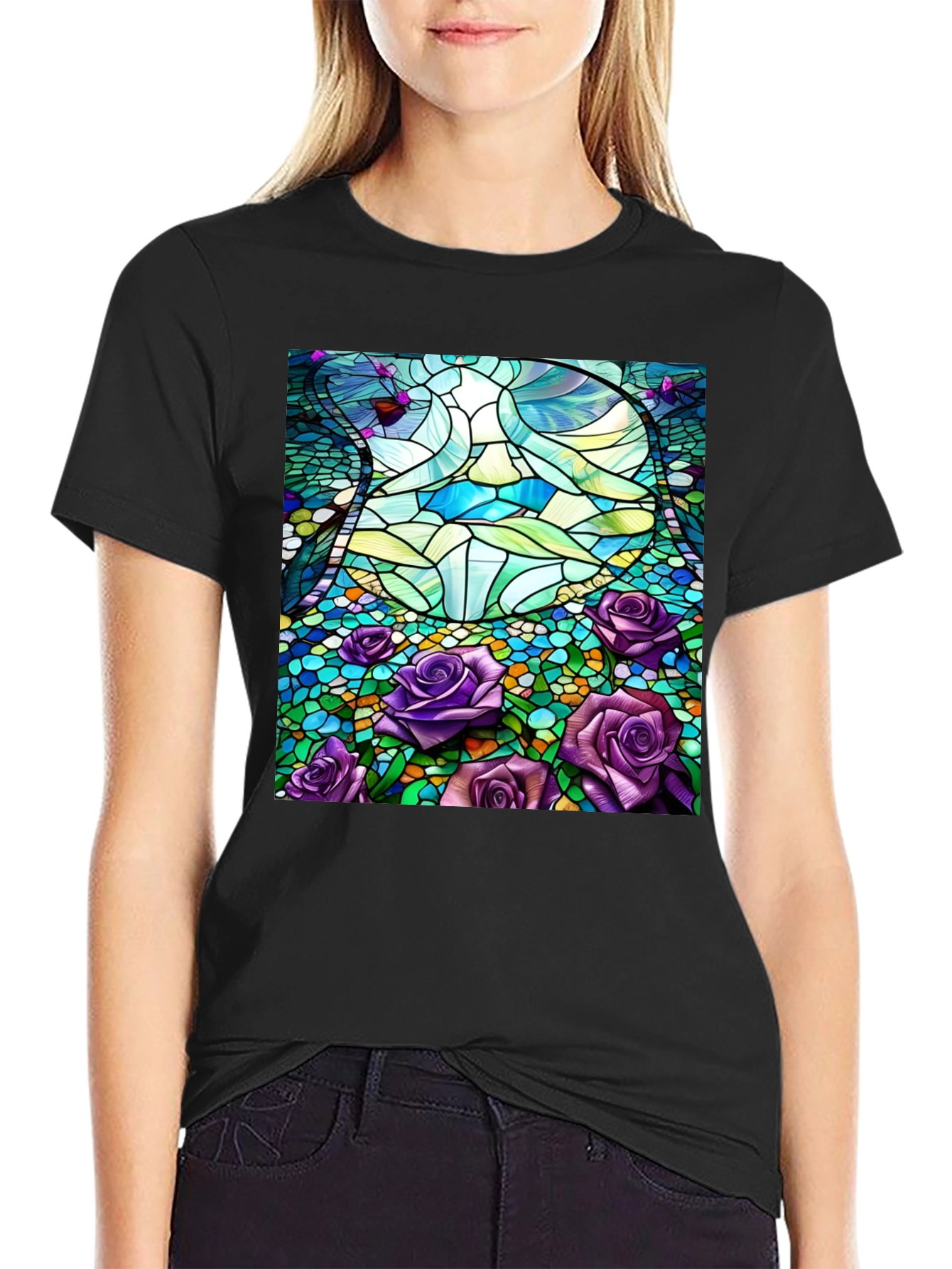 Stained Glass Roses Graphic Tee - Modern Art Shirt