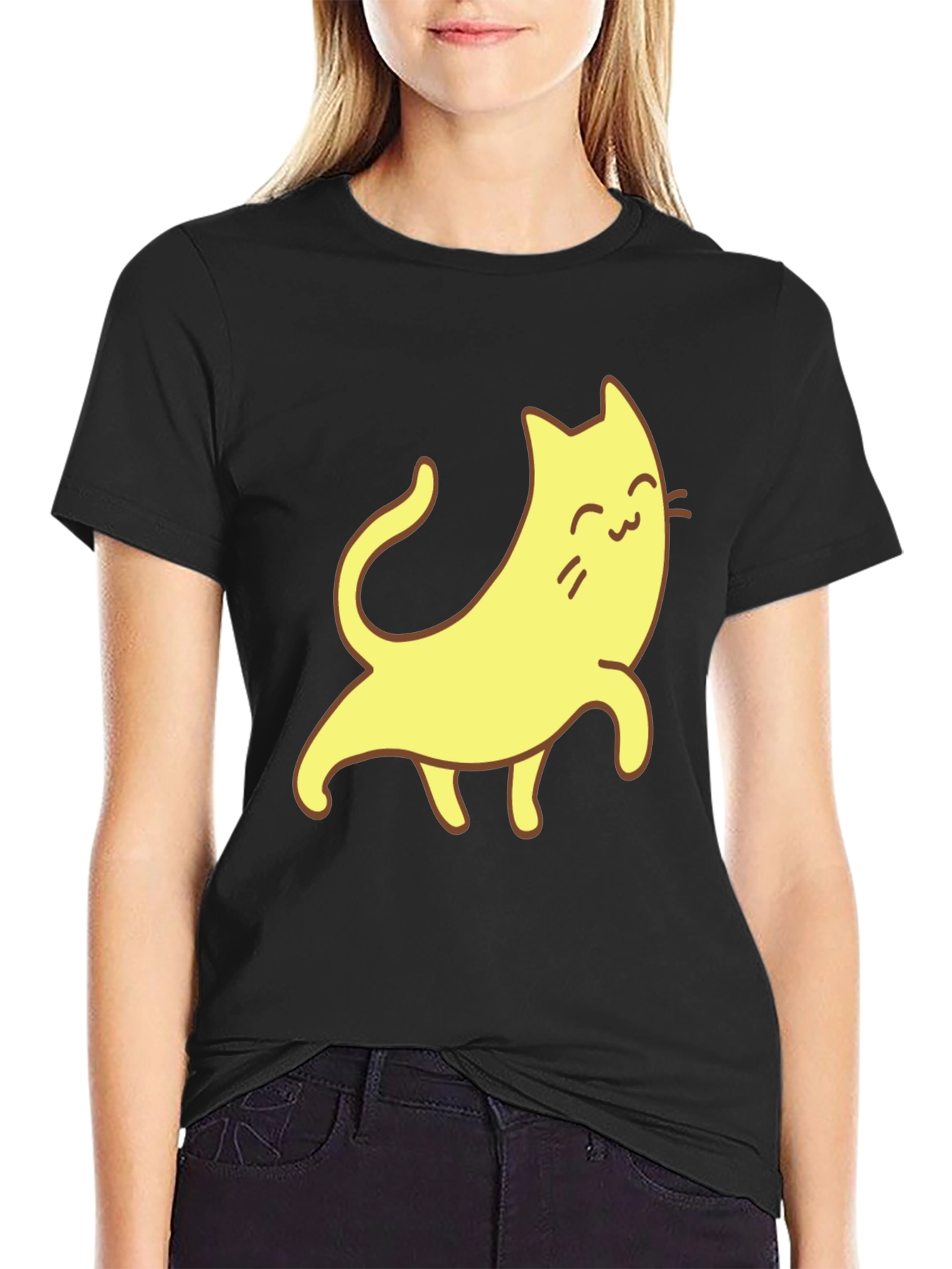 Cute Cartoon Cat Graphic Tee - Unisex Black T-Shirt
