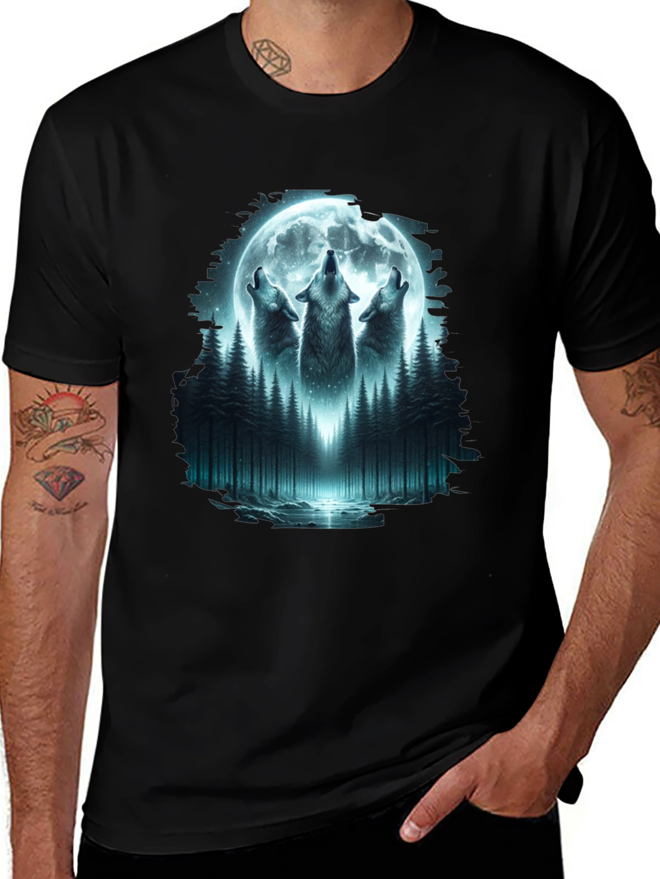 Howling Wolves Moon Graphic Tee - Black