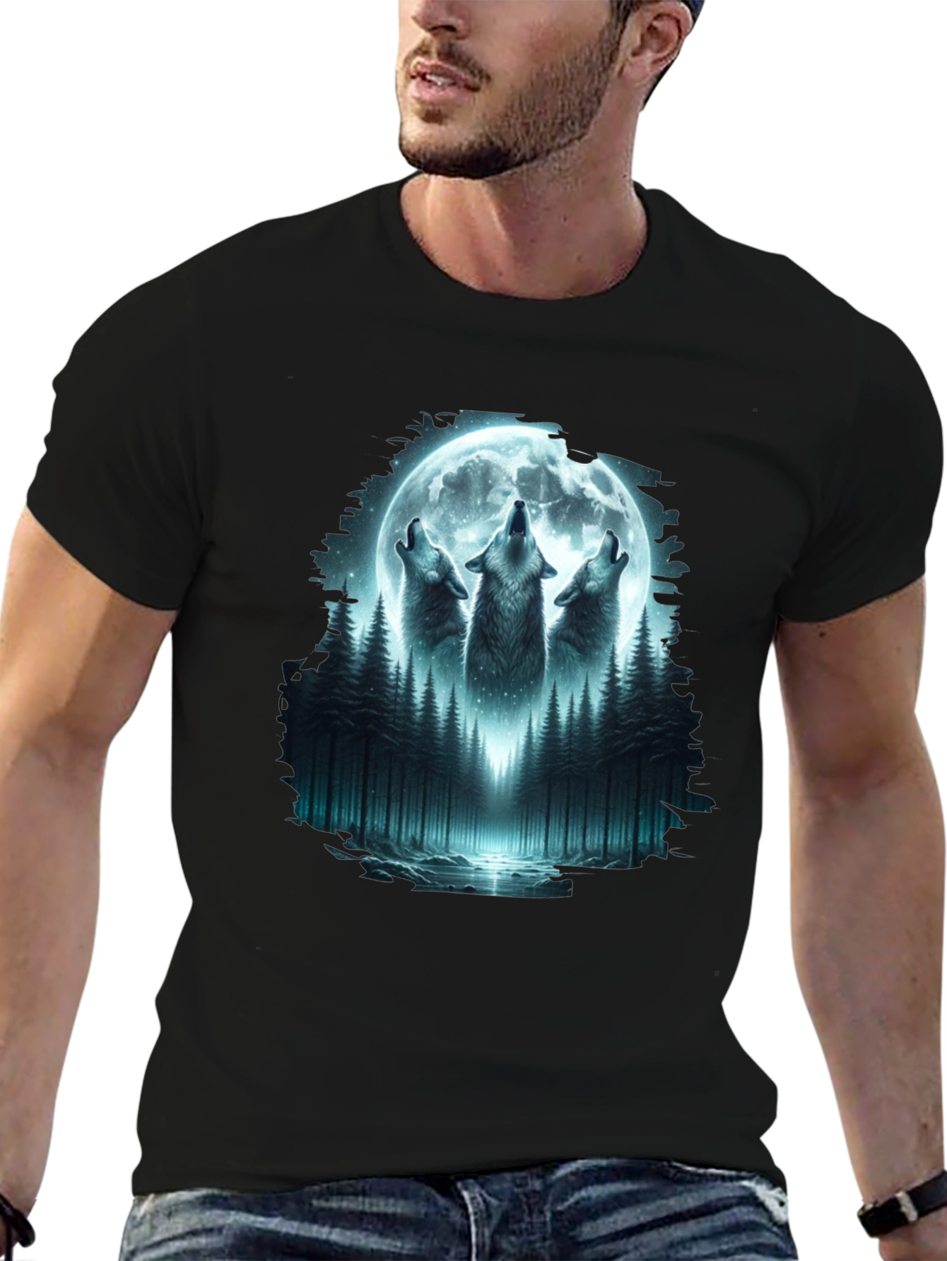 Howling Wolves Moon Graphic Tee - Black