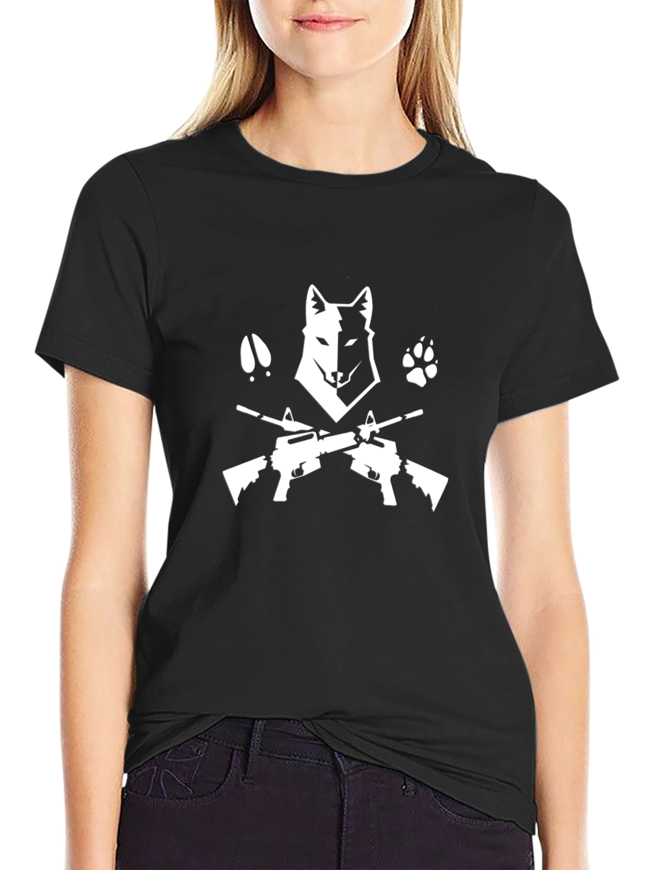 Wolf & Guns Graphic Tee - Black Cotton Shirt