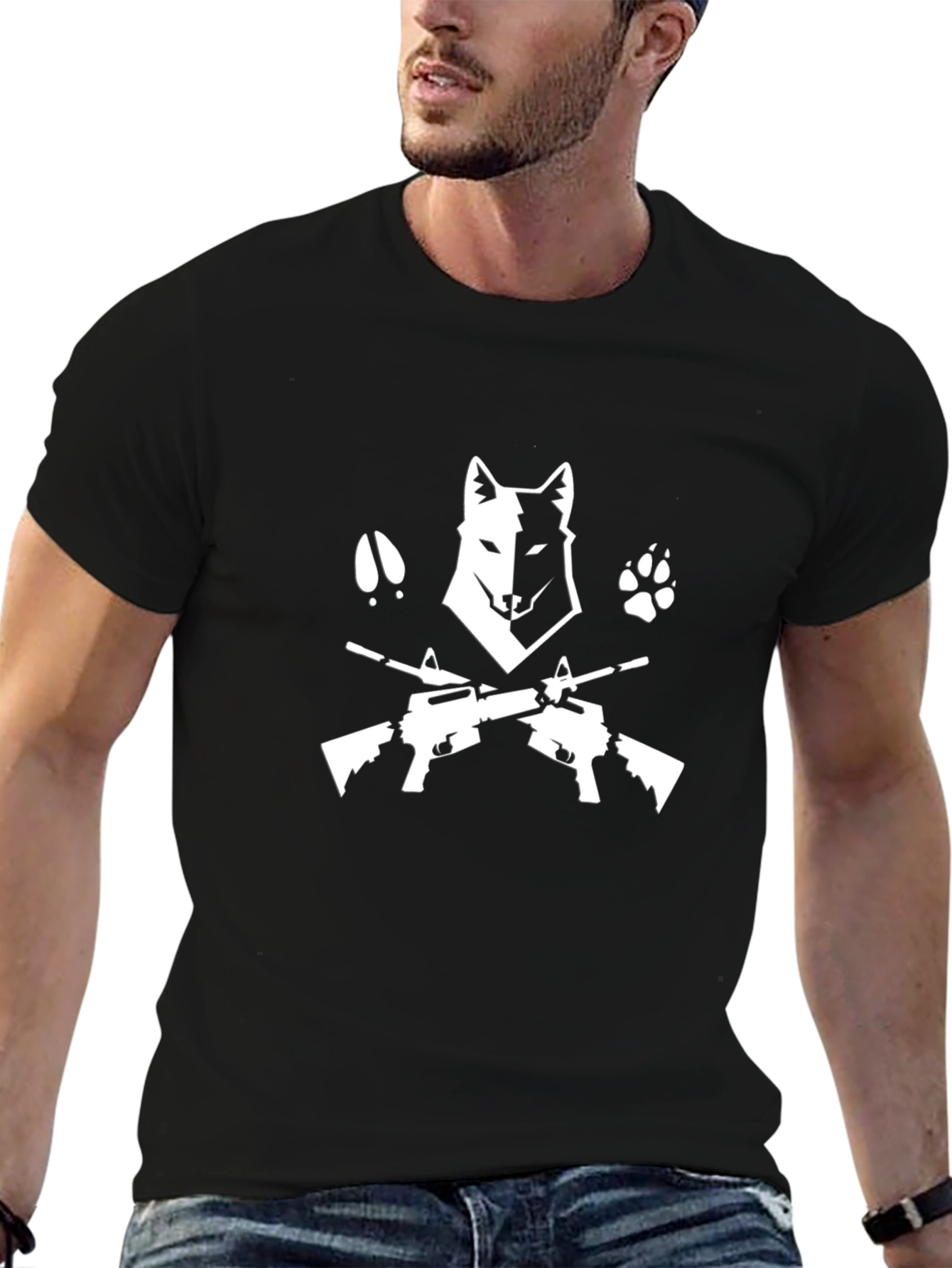 Wolf & Guns Graphic Tee - Black Cotton Shirt
