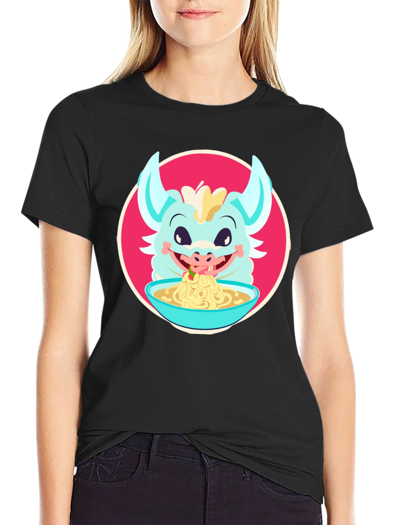 Dragon Eating Ramen T-Shirt - Cute Cartoon Graphic Tee