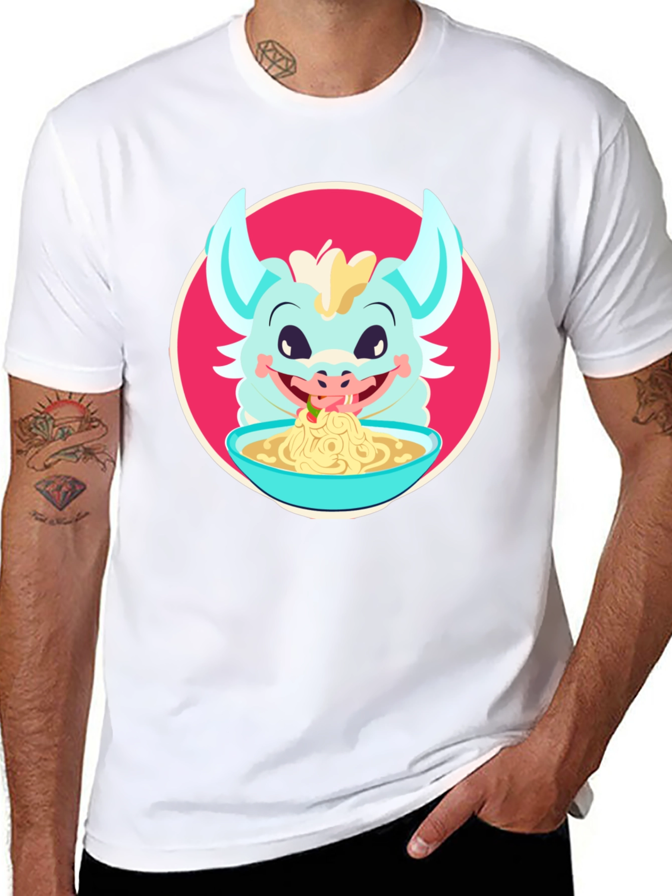 Dragon Eating Ramen T-Shirt - Cute Cartoon Graphic Tee