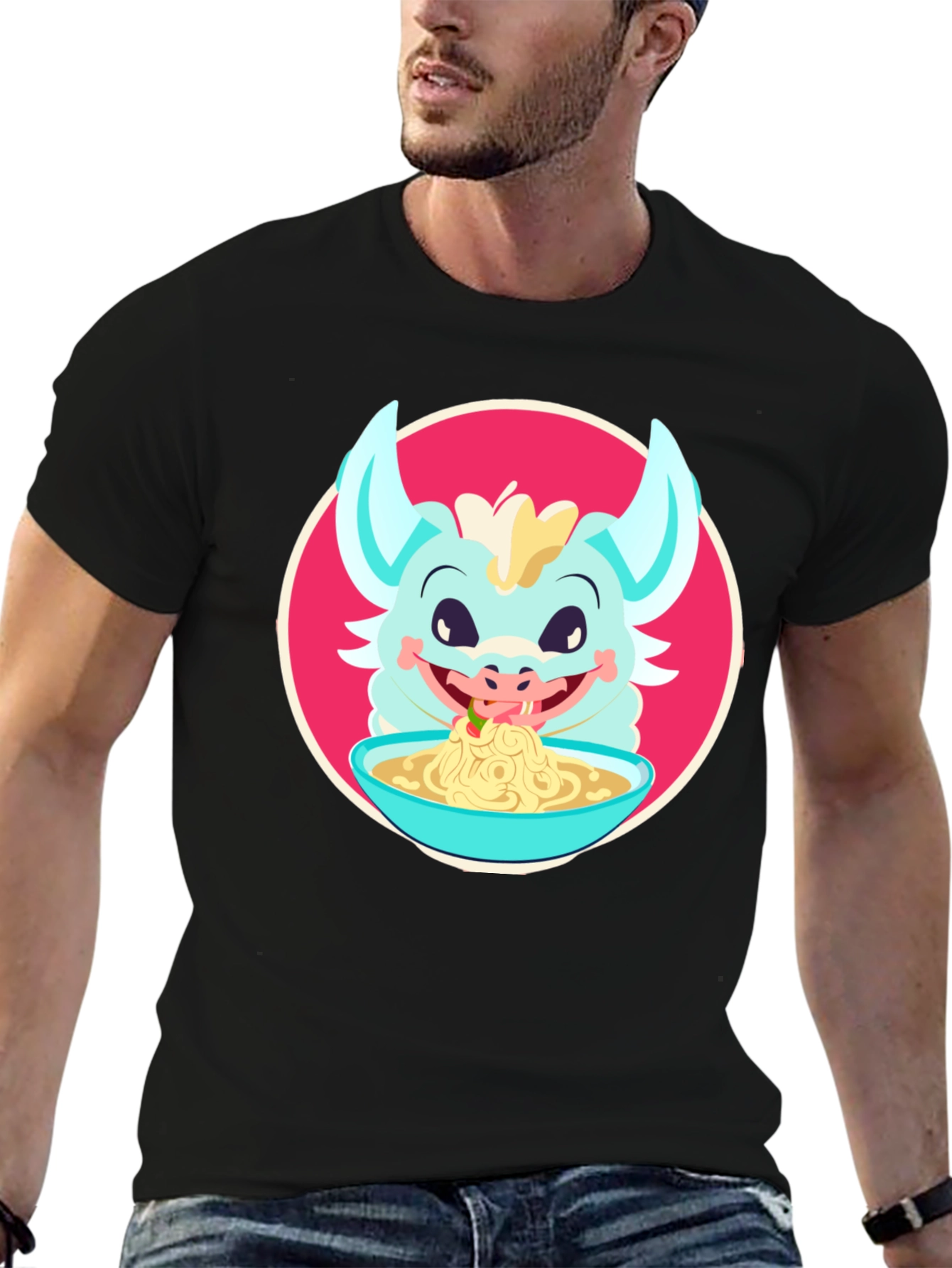 Dragon Eating Ramen T-Shirt - Cute Cartoon Graphic Tee
