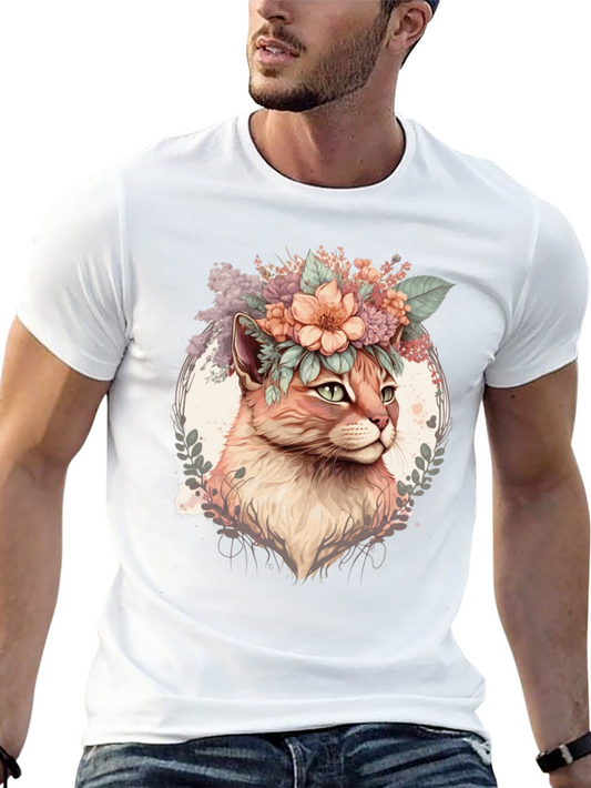 Floral Cat Graphic Tee - Stylish Mens Black T-Shirt