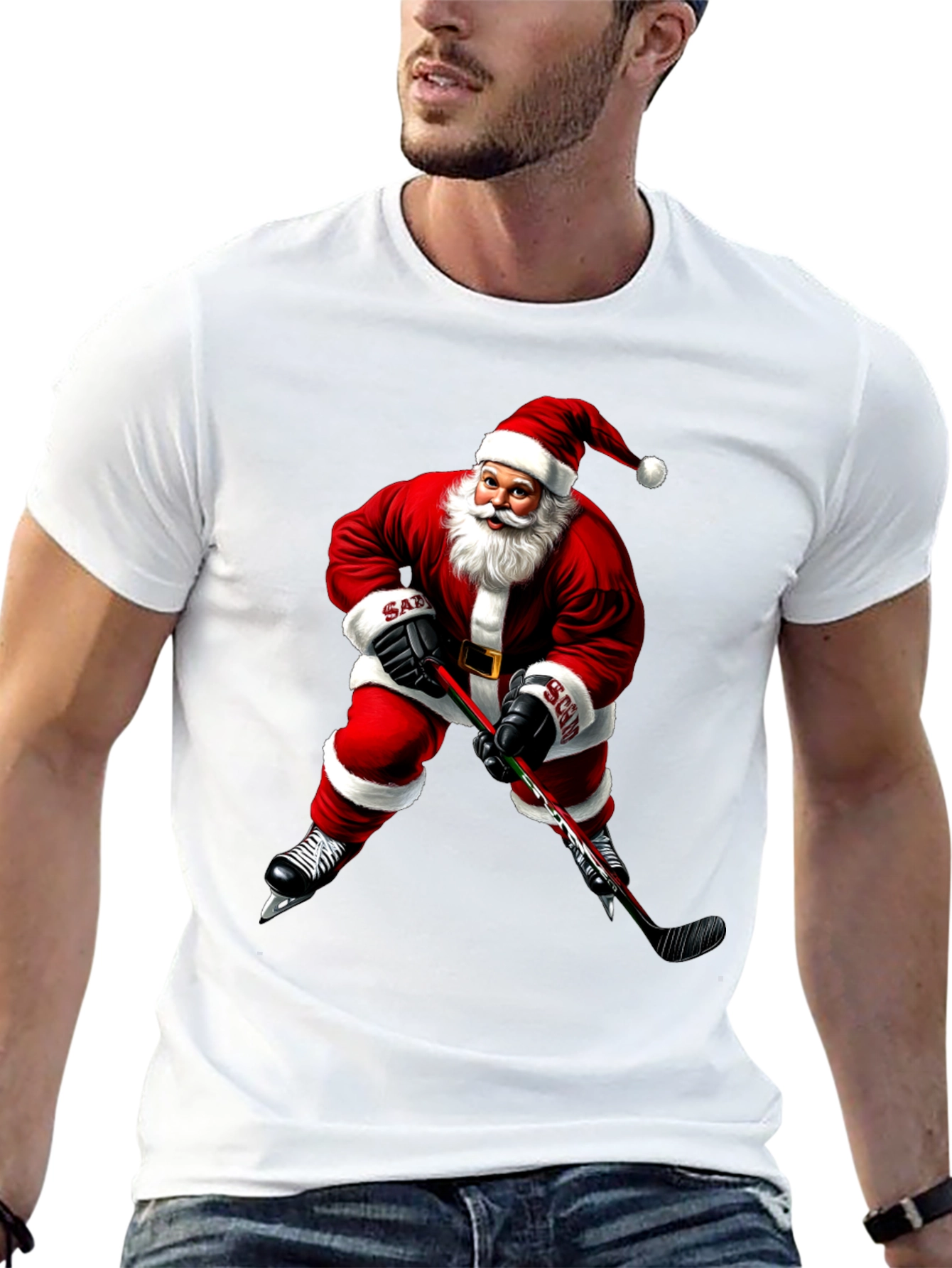 Santa Hockey Player Graphic Tee