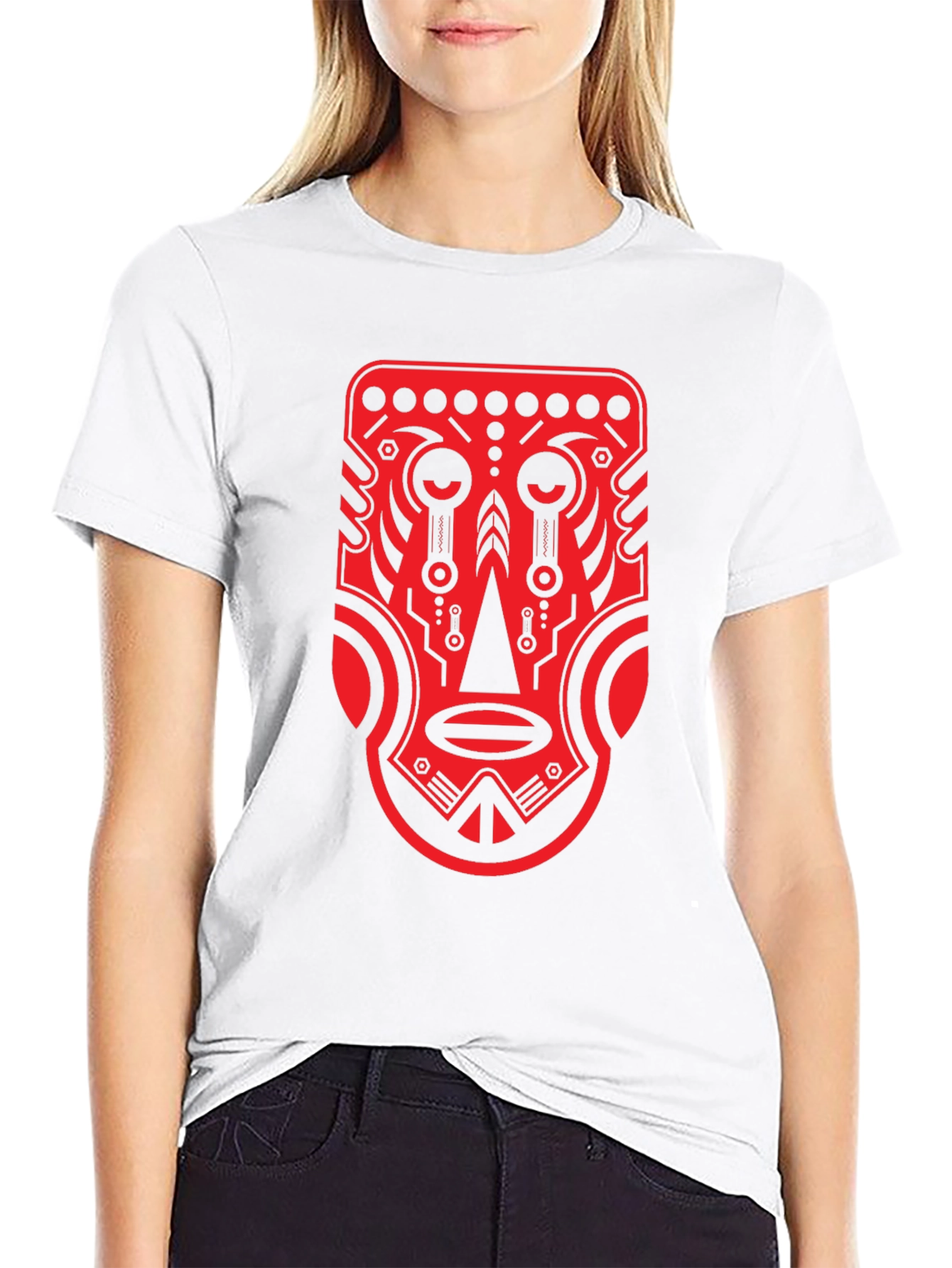 Tribal Mask Graphic Tee - Bold Red Design
