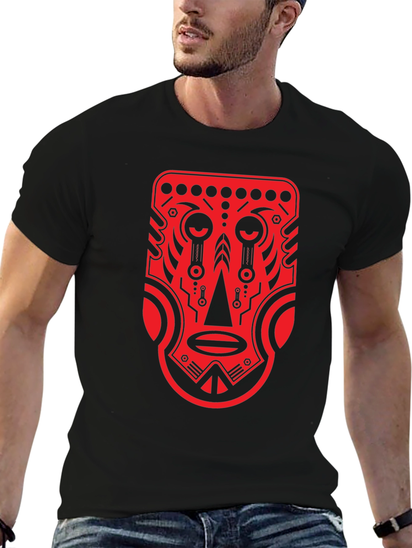 Tribal Mask Graphic Tee - Bold Red Design