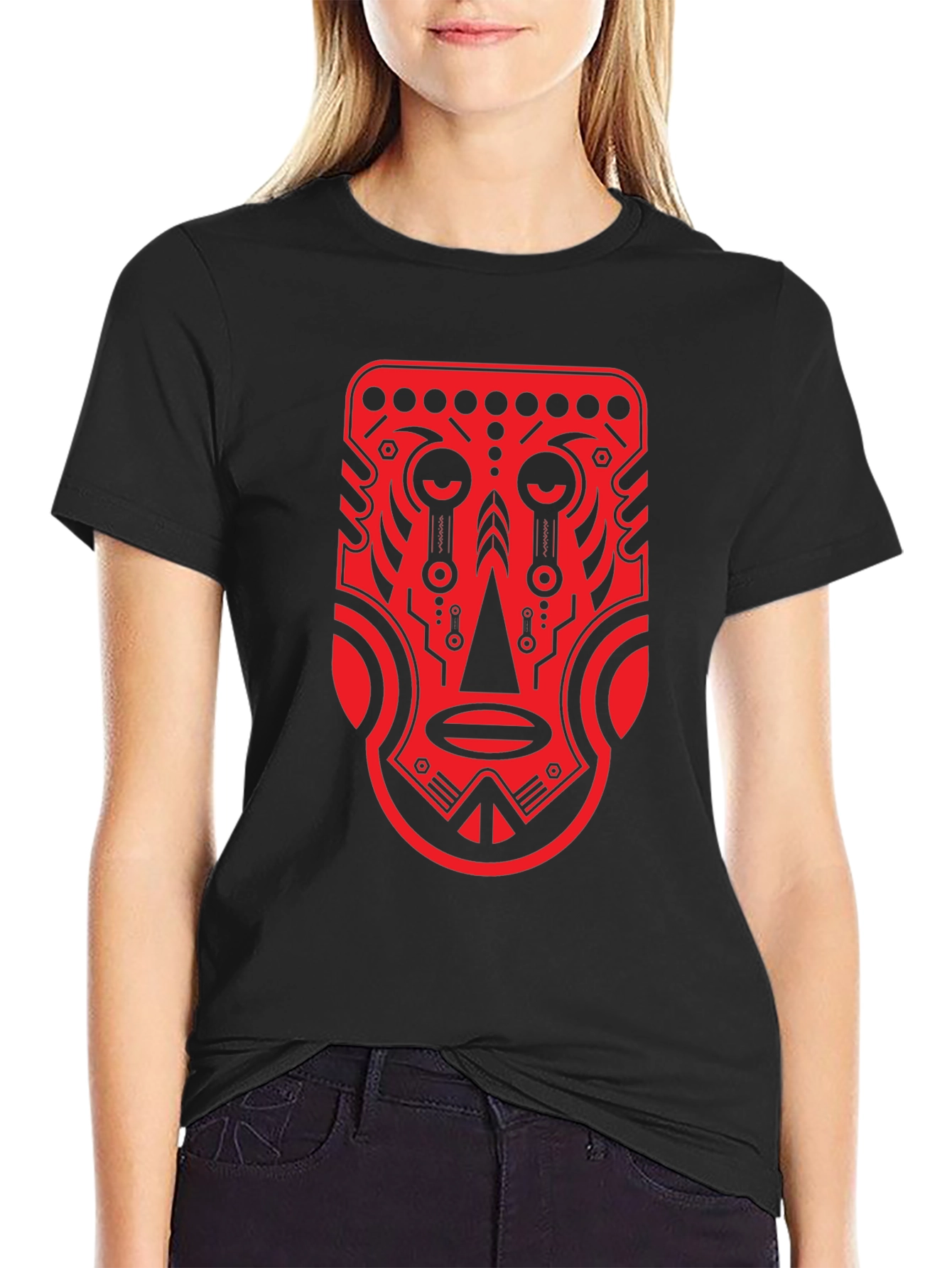 Tribal Mask Graphic Tee - Bold Red Design