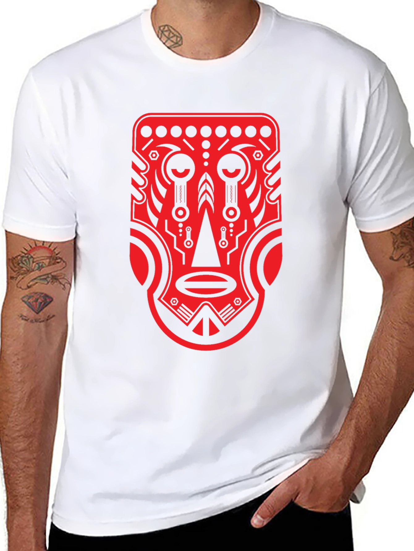 Tribal Mask Graphic Tee - Bold Red Design