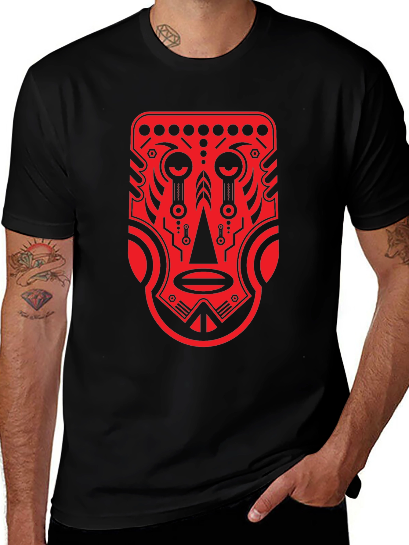 Tribal Mask Graphic Tee - Bold Red Design