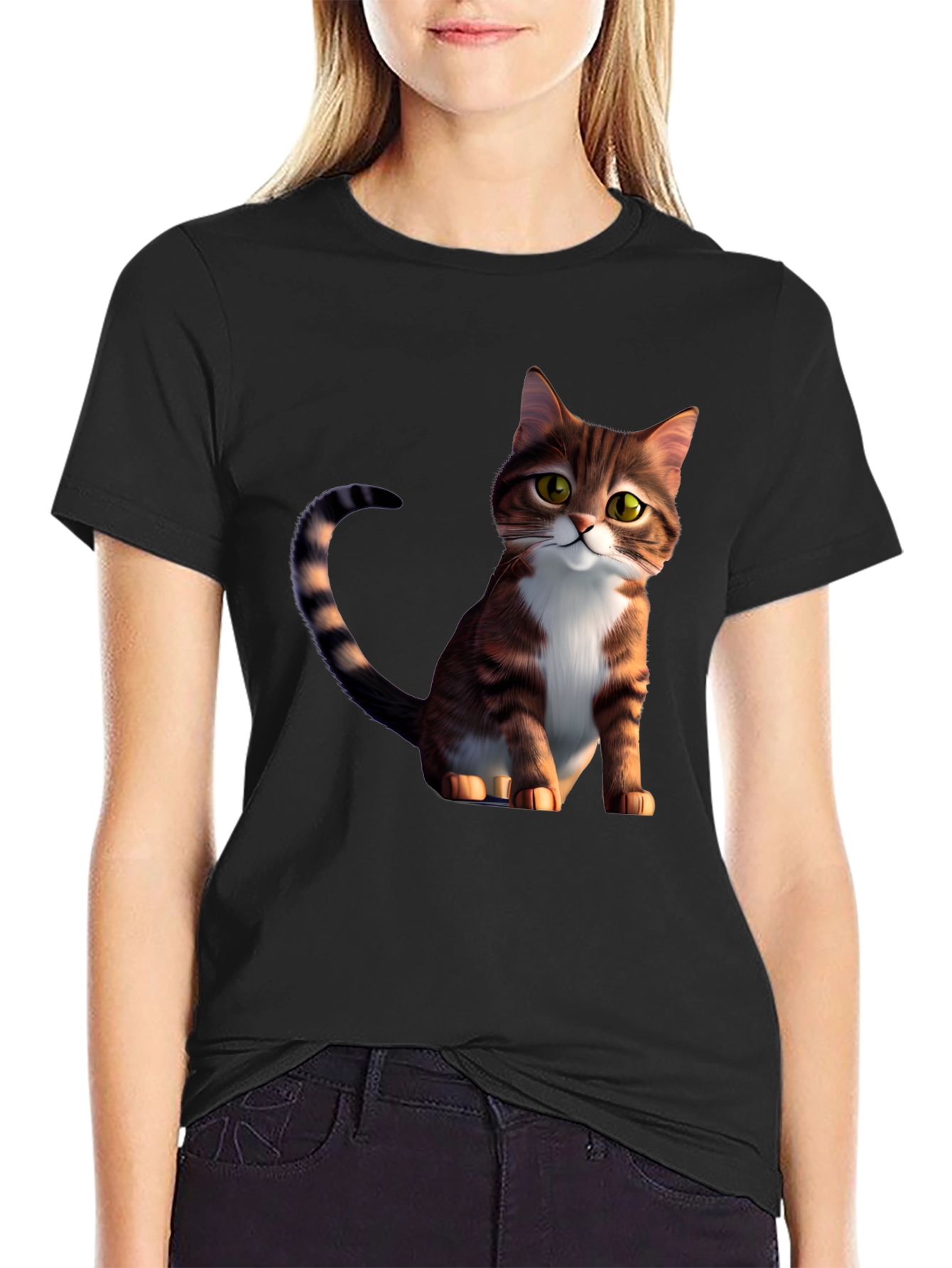 Cartoon Cat Graphic Black T-Shirt