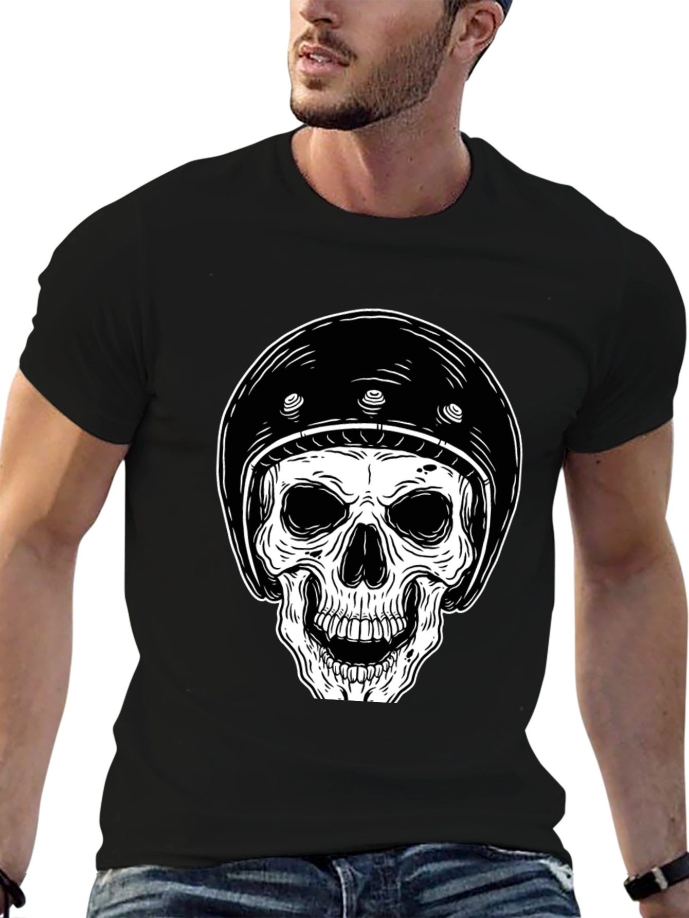 Skull Biker Helmet Graphic Tee - Black Cotton