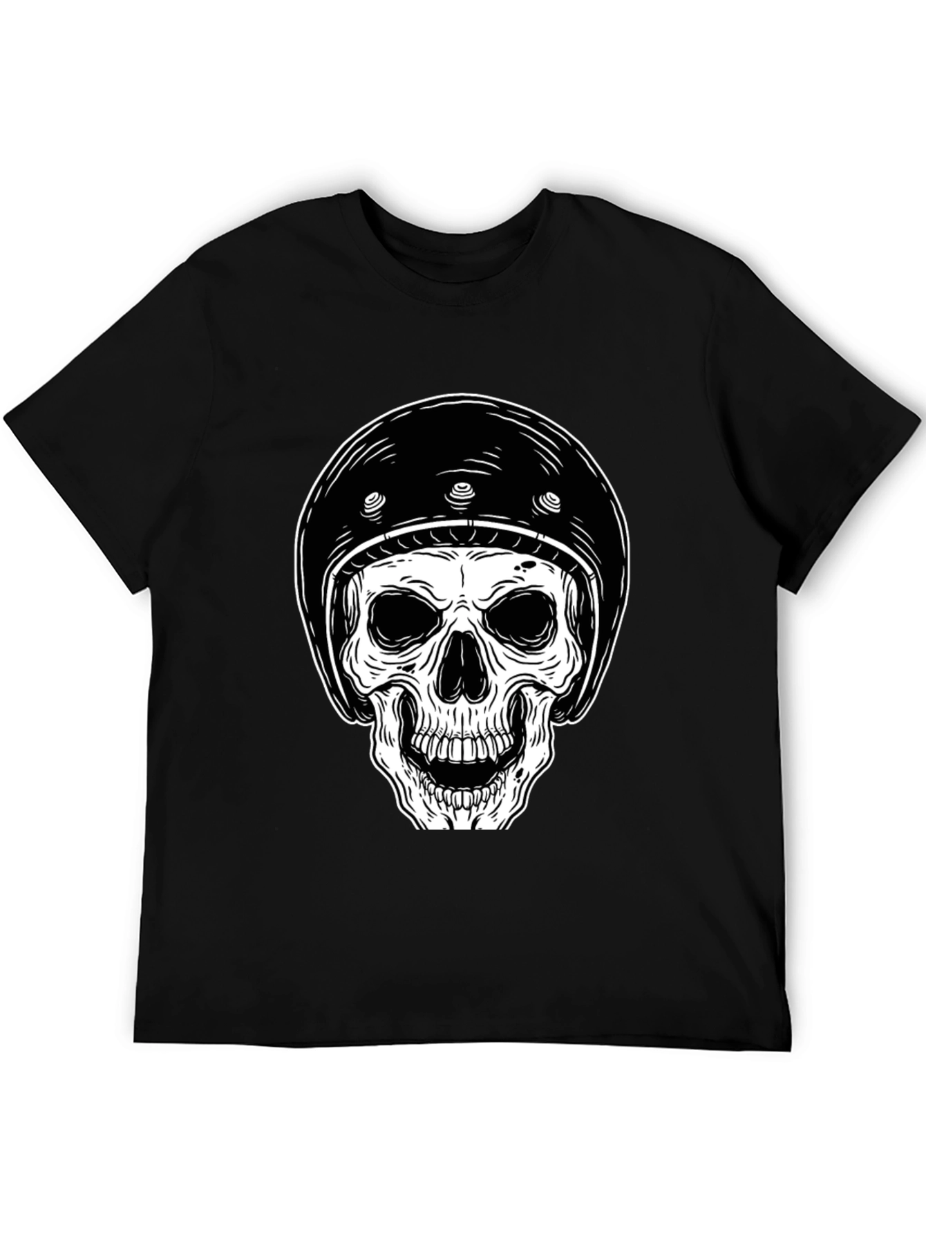 Skull Biker Helmet Graphic Tee - Black Cotton