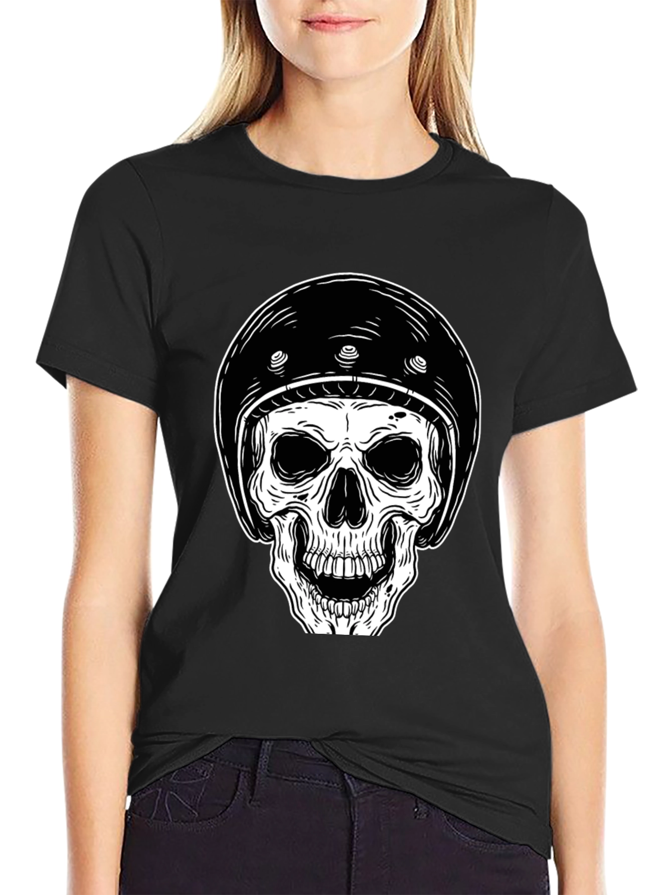 Skull Biker Helmet Graphic Tee - Black Cotton