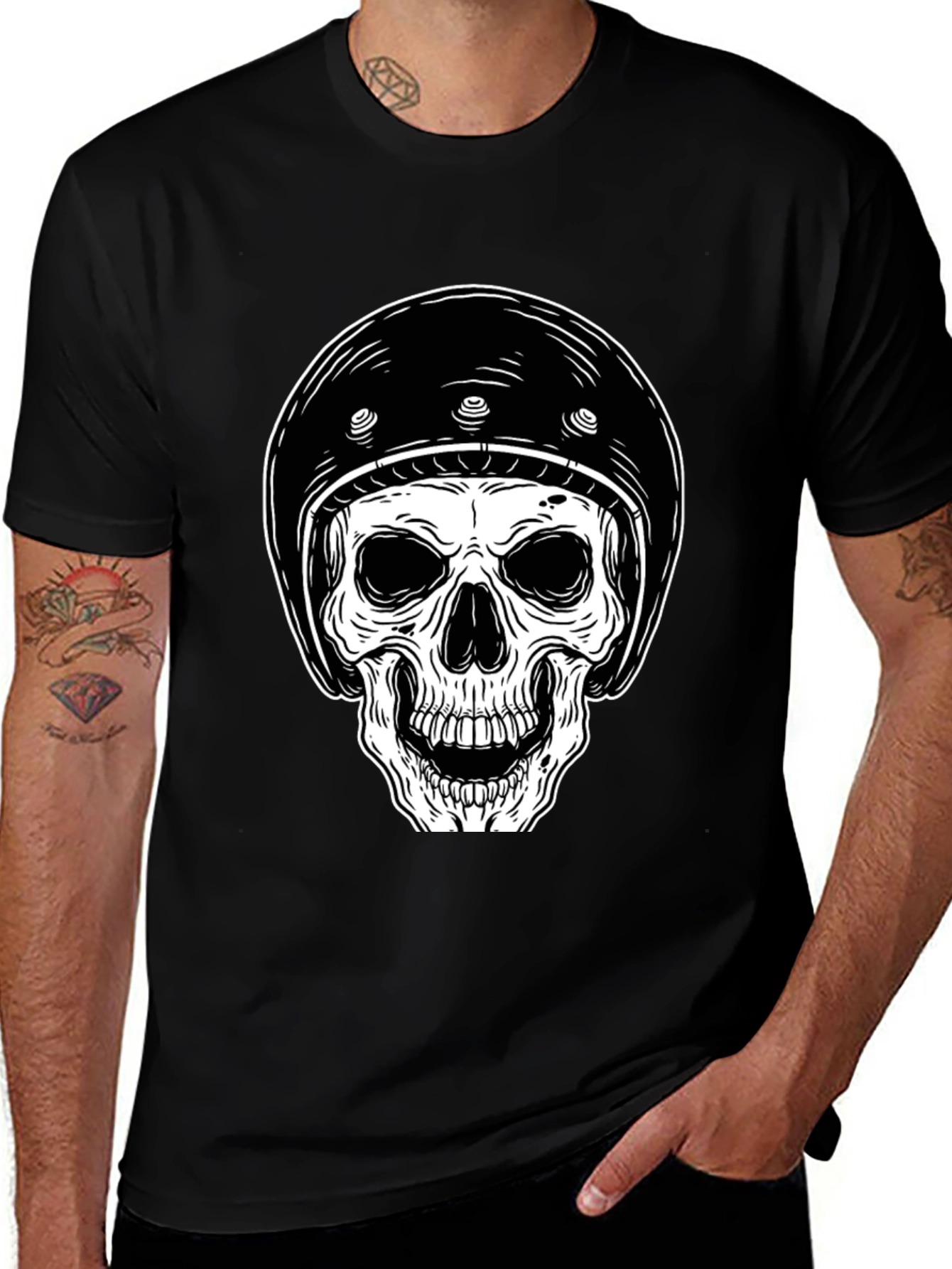 Skull Biker Helmet Graphic Tee - Black Cotton