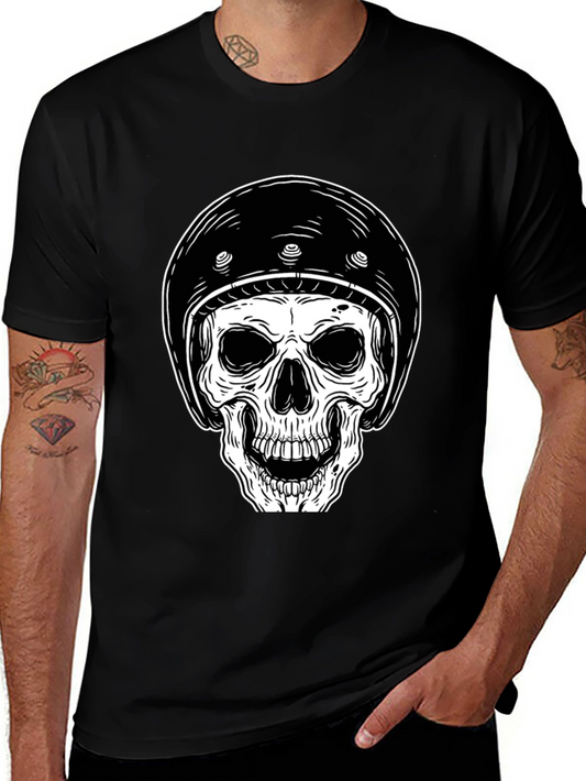 Skull Biker Helmet Graphic Tee - Black Cotton
