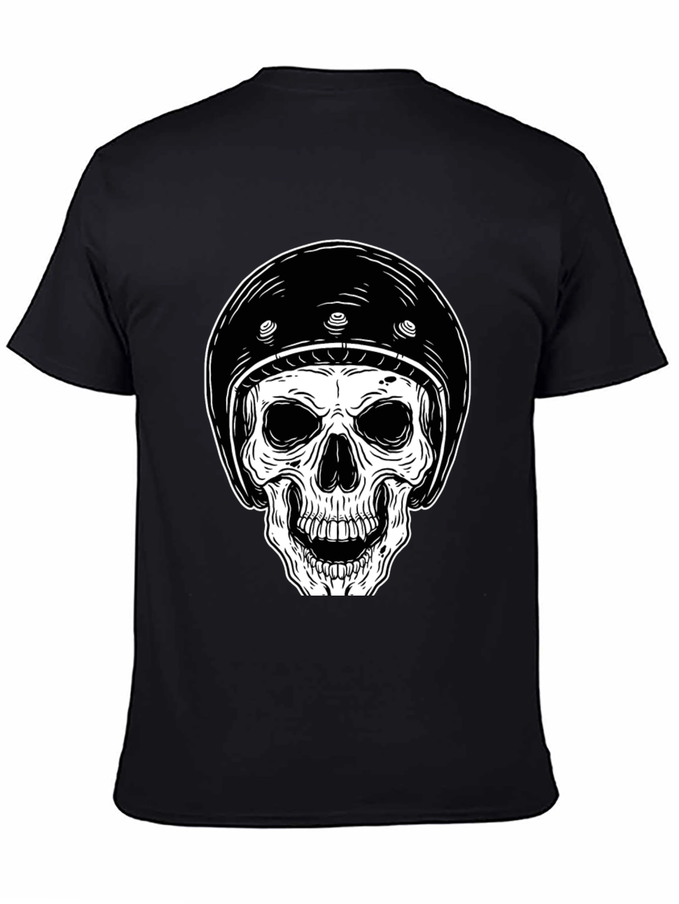 Skull Biker Helmet Graphic Tee - Black Cotton
