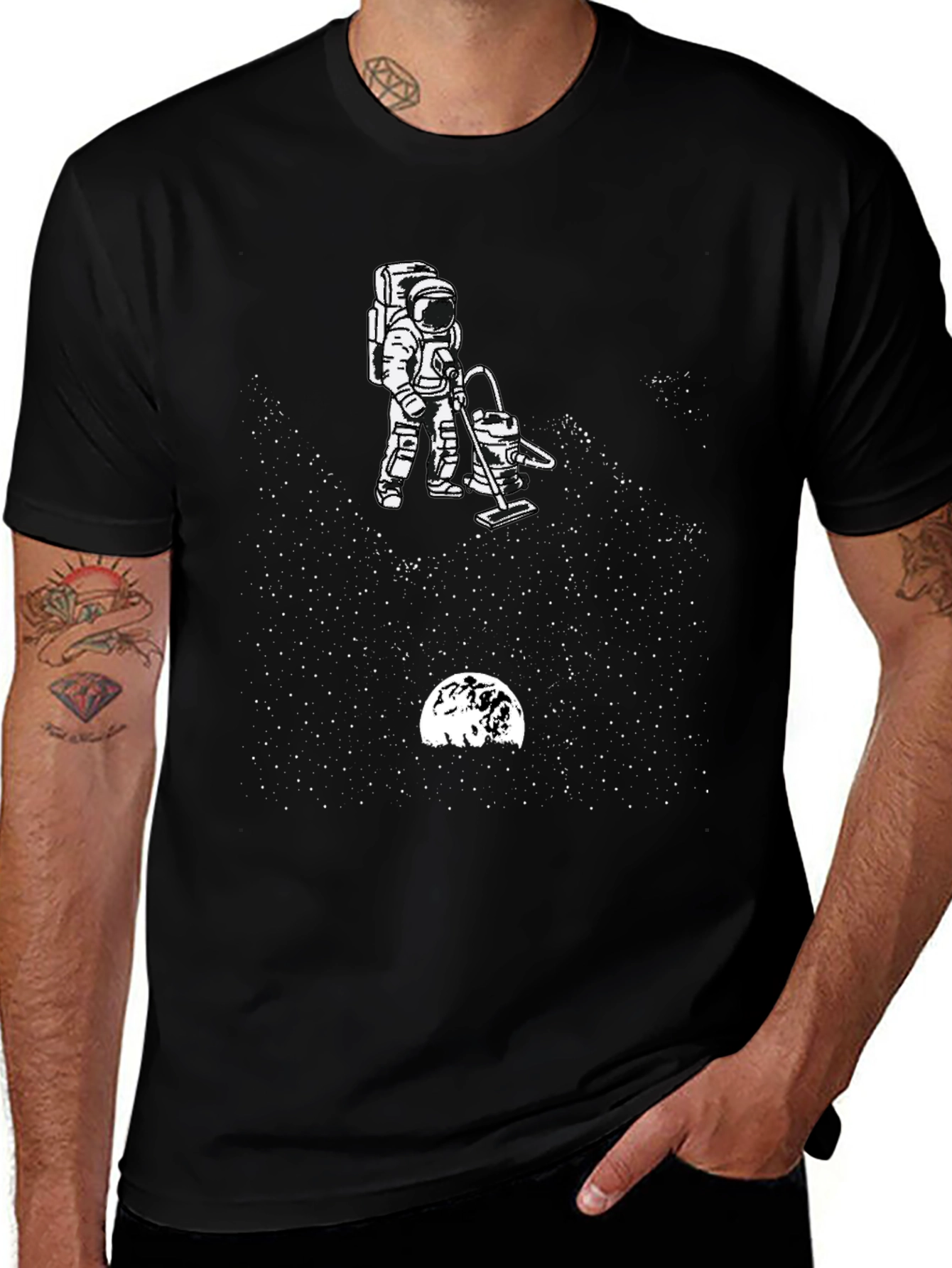 Astronaut Vacuuming Space Black T-Shirt