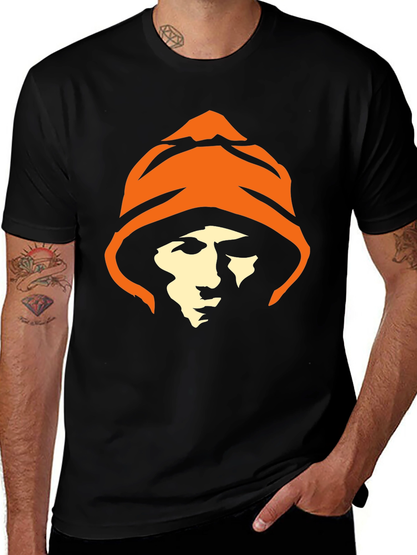 Hooded Figure Graphic Tee - Black Cotton T-Shirt