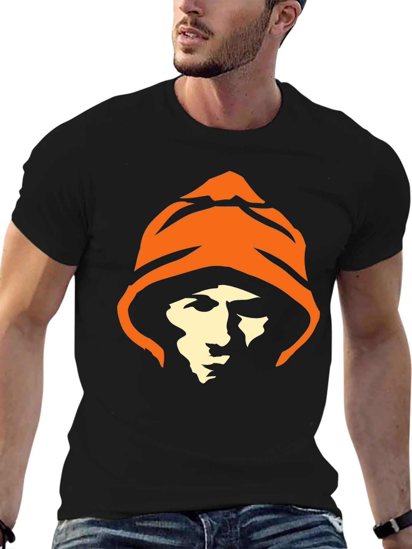 Hooded Figure Graphic Tee - Black Cotton T-Shirt