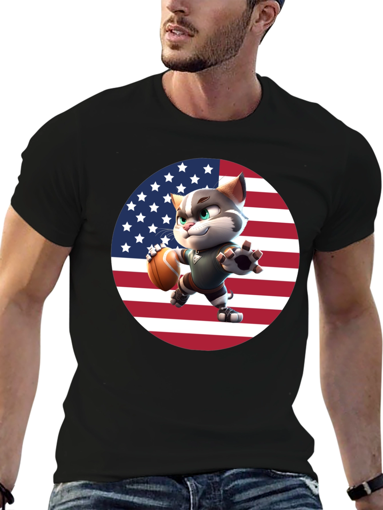 Patriotic Football Cat Graphic T-Shirt