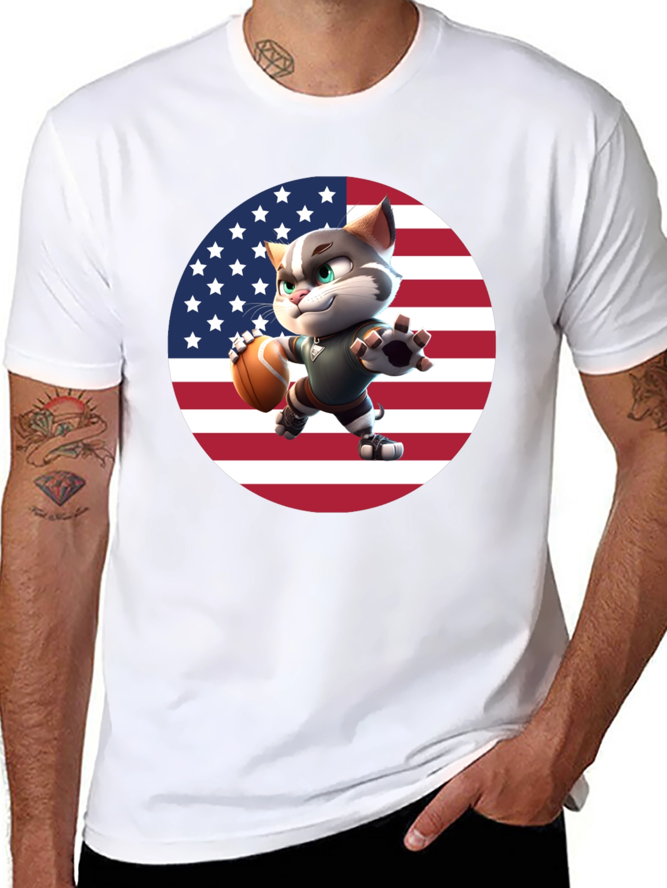 Patriotic Football Cat Graphic T-Shirt