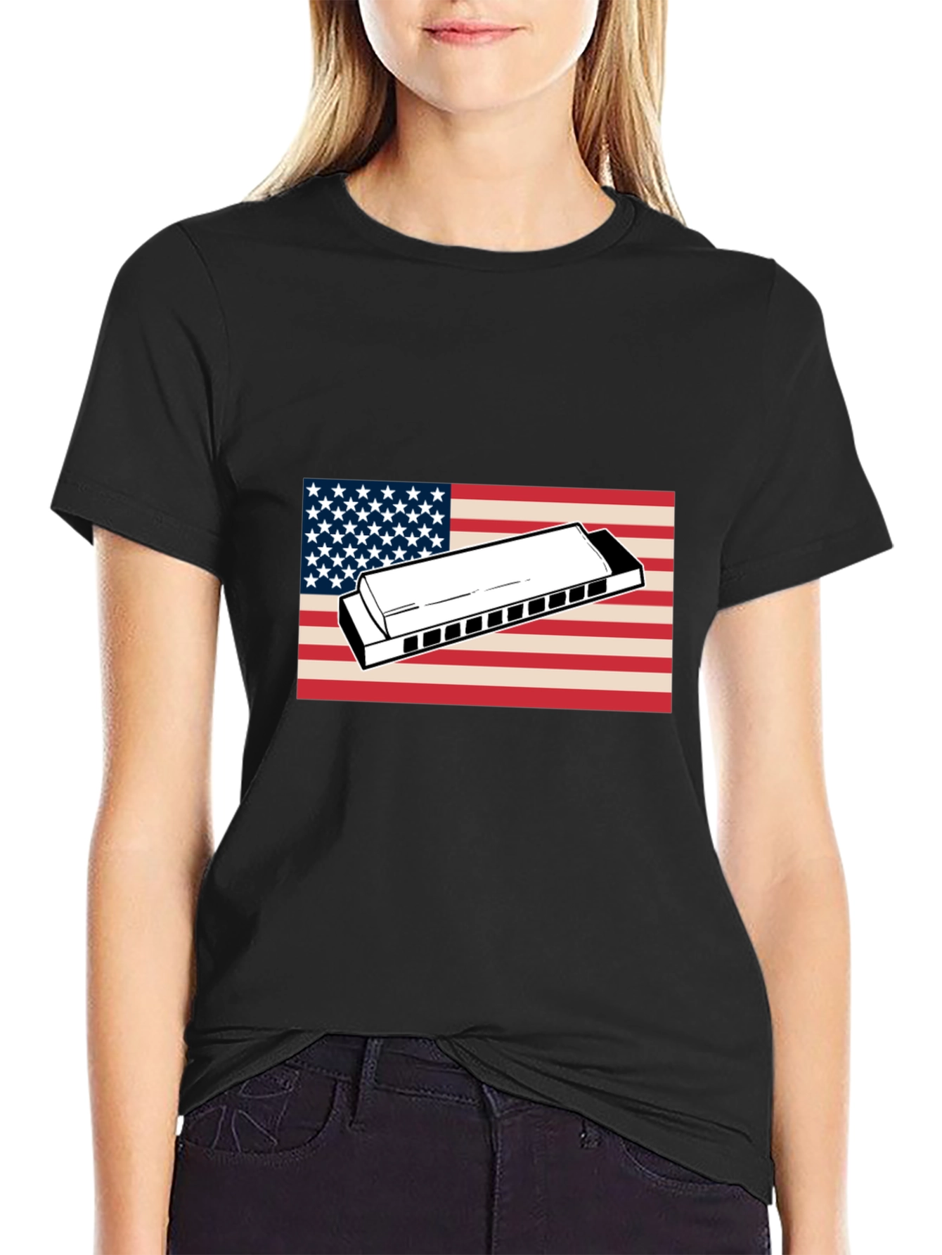 American Flag Harmonica Graphic T-Shirt
