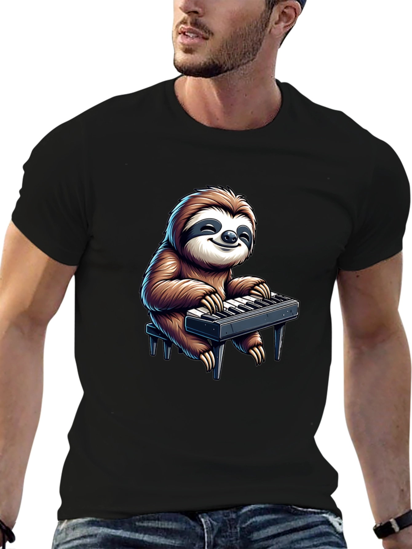 Sloth Playing Keyboard Graphic Tee - Black