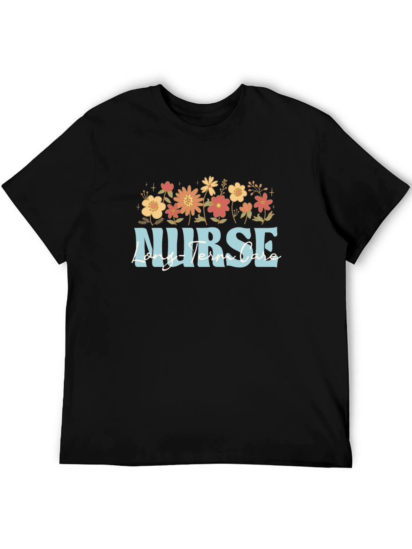 Floral Nurse Long Term Care Black T-Shirt