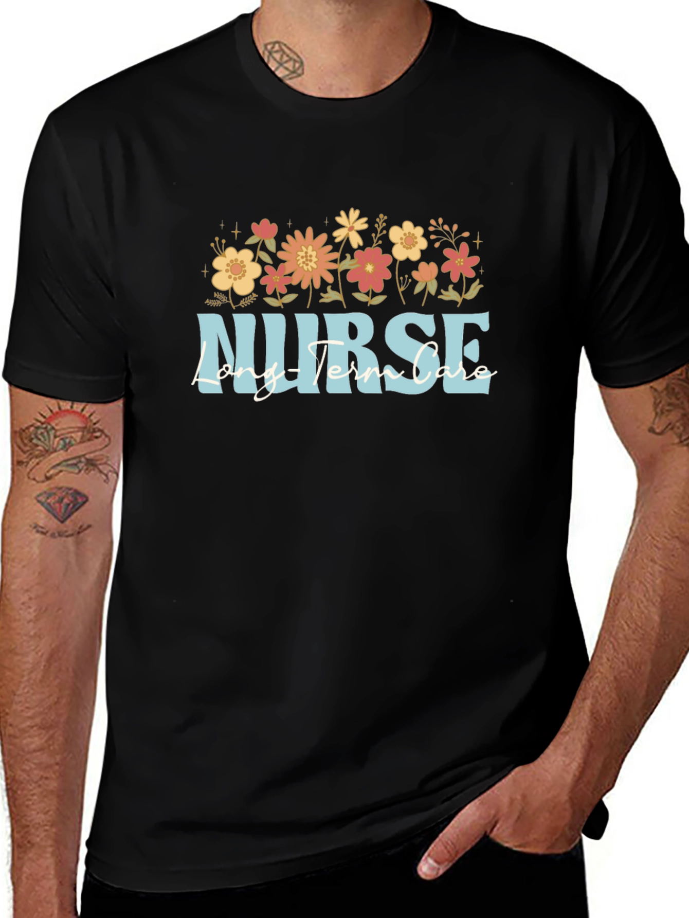 Floral Nurse Long Term Care Black T-Shirt